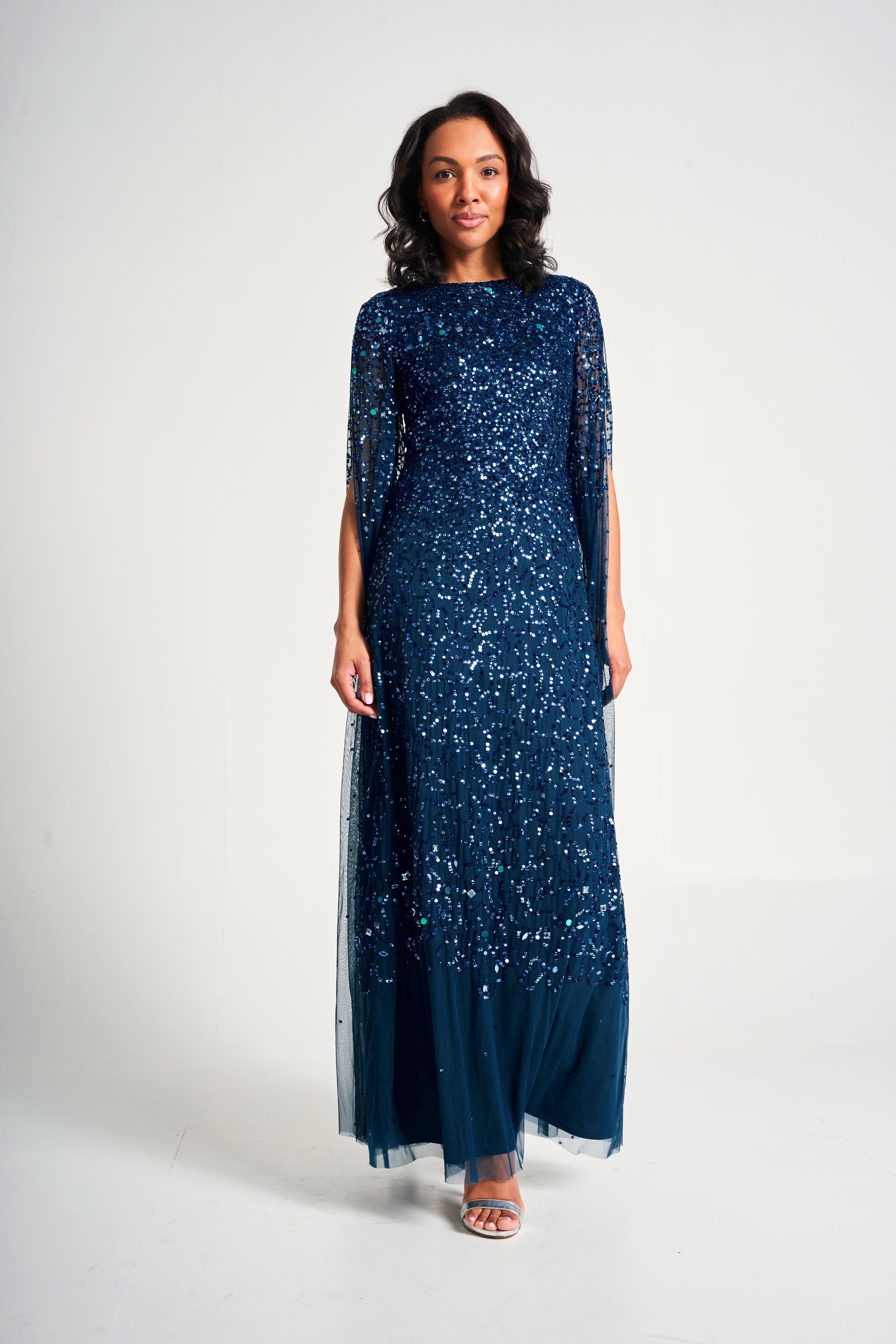 Paulina Deep Teal Sequin Cape Sleeve Maxi Dress 