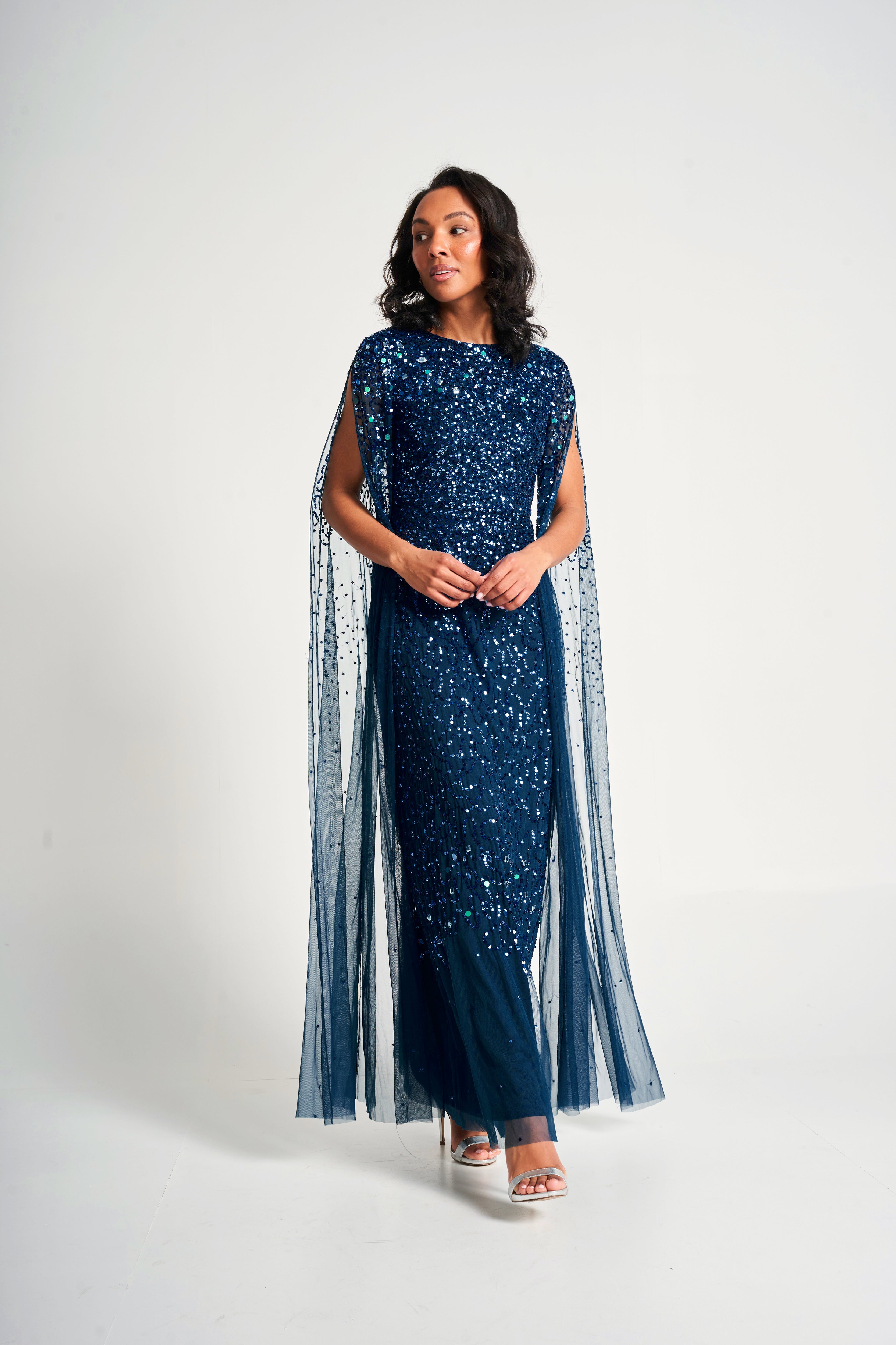 Paulina Deep Teal Sequin Cape Sleeve Maxi Dress 