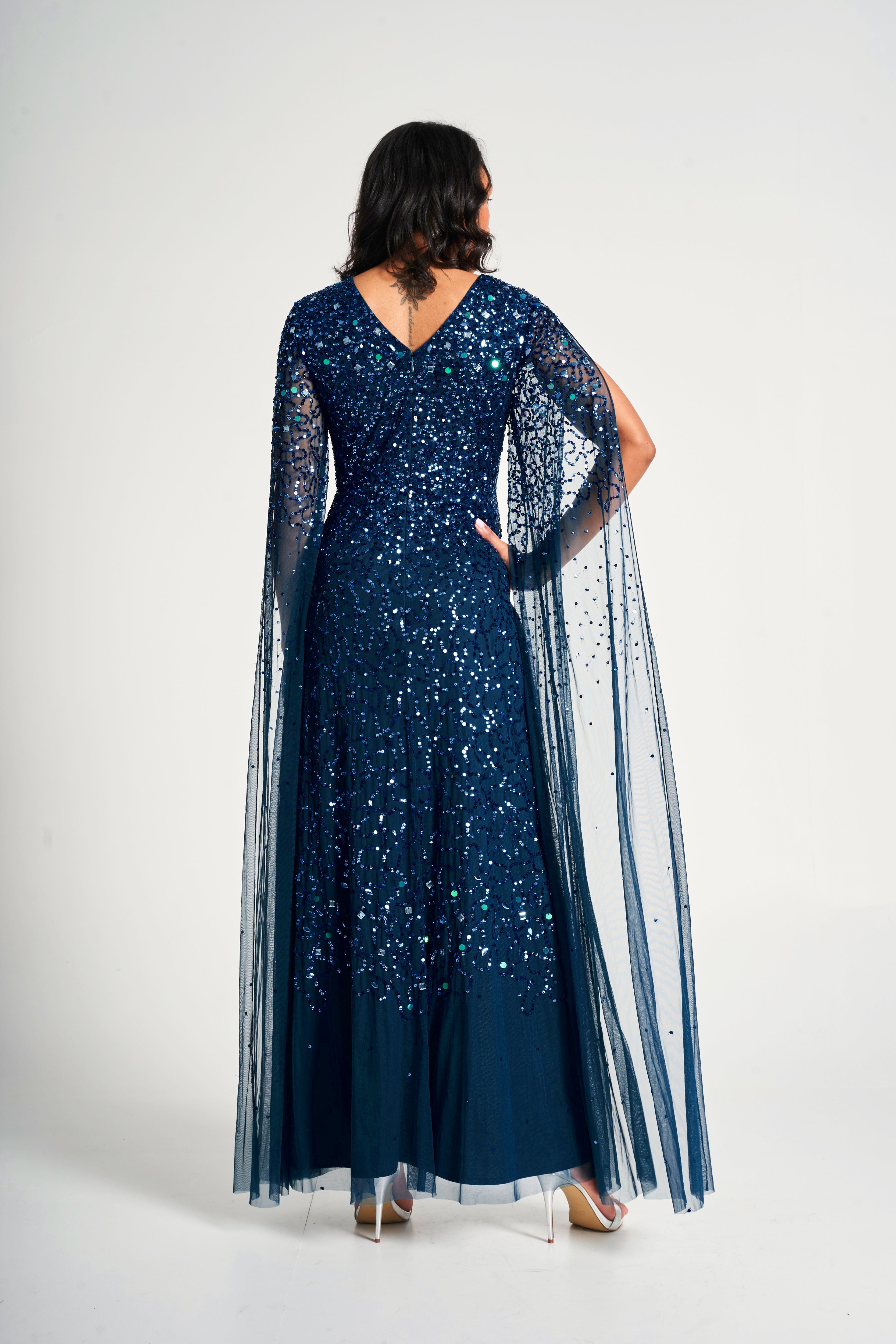 Paulina Deep Teal Sequin Cape Sleeve Maxi Dress 