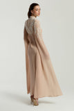 Penelope blush cape maxi dress with white embellishments on bodice and cape sleeves, modest formal dress for weddings and spring occasions