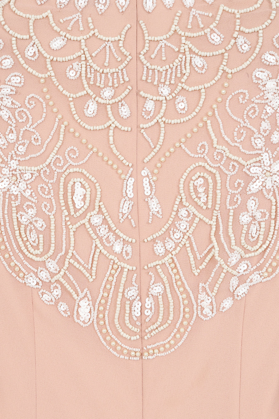 Penelope blush cape maxi dress with white embellishments on bodice and cape sleeves, modest formal dress for weddings and spring occasions