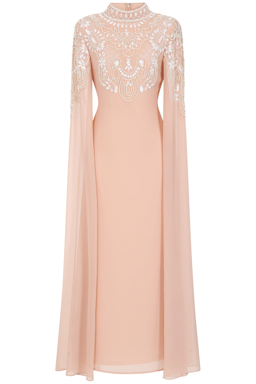 Penelope blush cape maxi dress with white embellishments on bodice and cape sleeves, modest formal dress for weddings and spring occasions