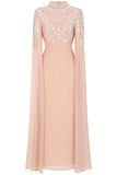 Penelope blush cape maxi dress with white embellishments on bodice and cape sleeves, modest formal dress for weddings and spring occasions