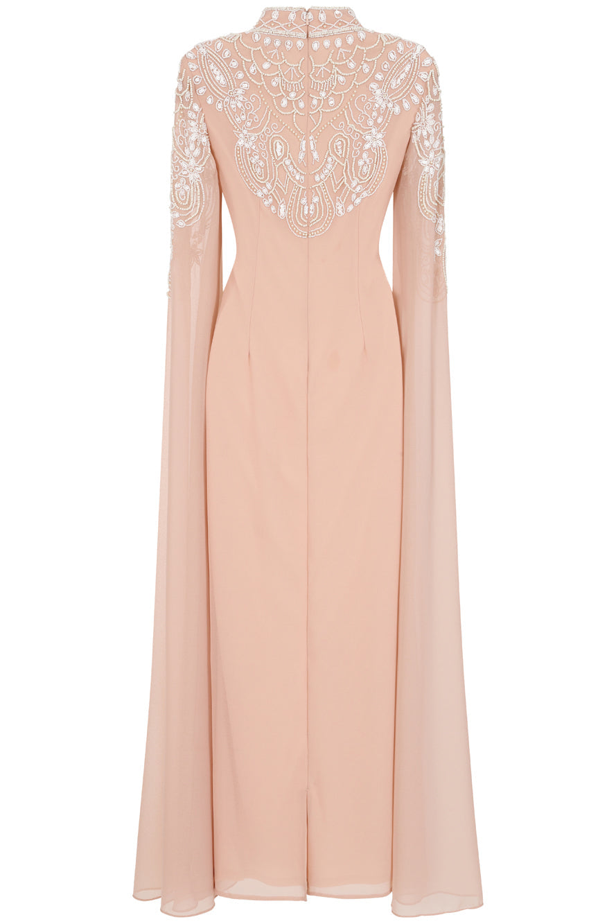 Penelope blush cape maxi dress with white embellishments on bodice and cape sleeves, modest formal dress for weddings and spring occasions