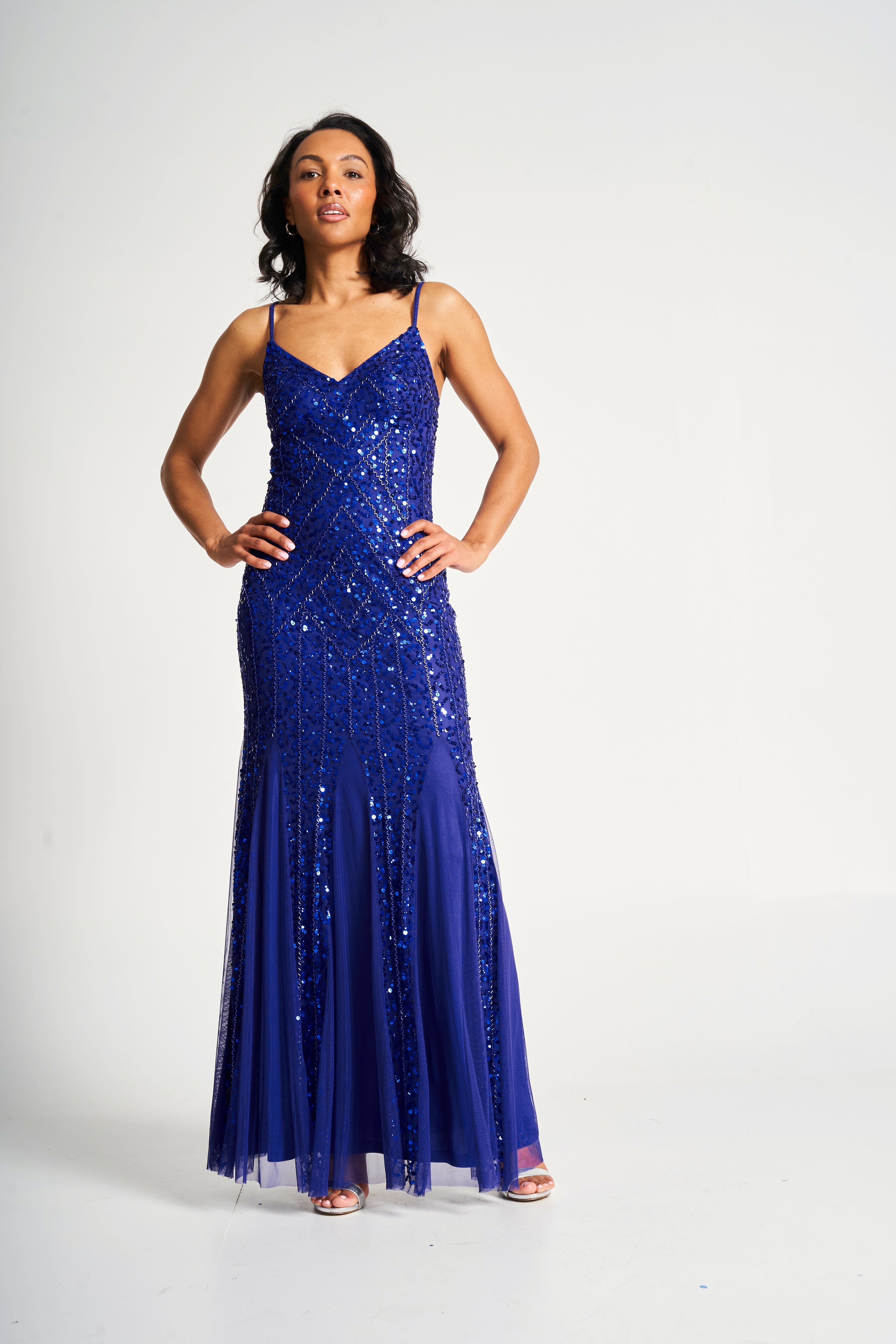 Petra Electric Blue Sequin Maxi Dress with Detachable Cape