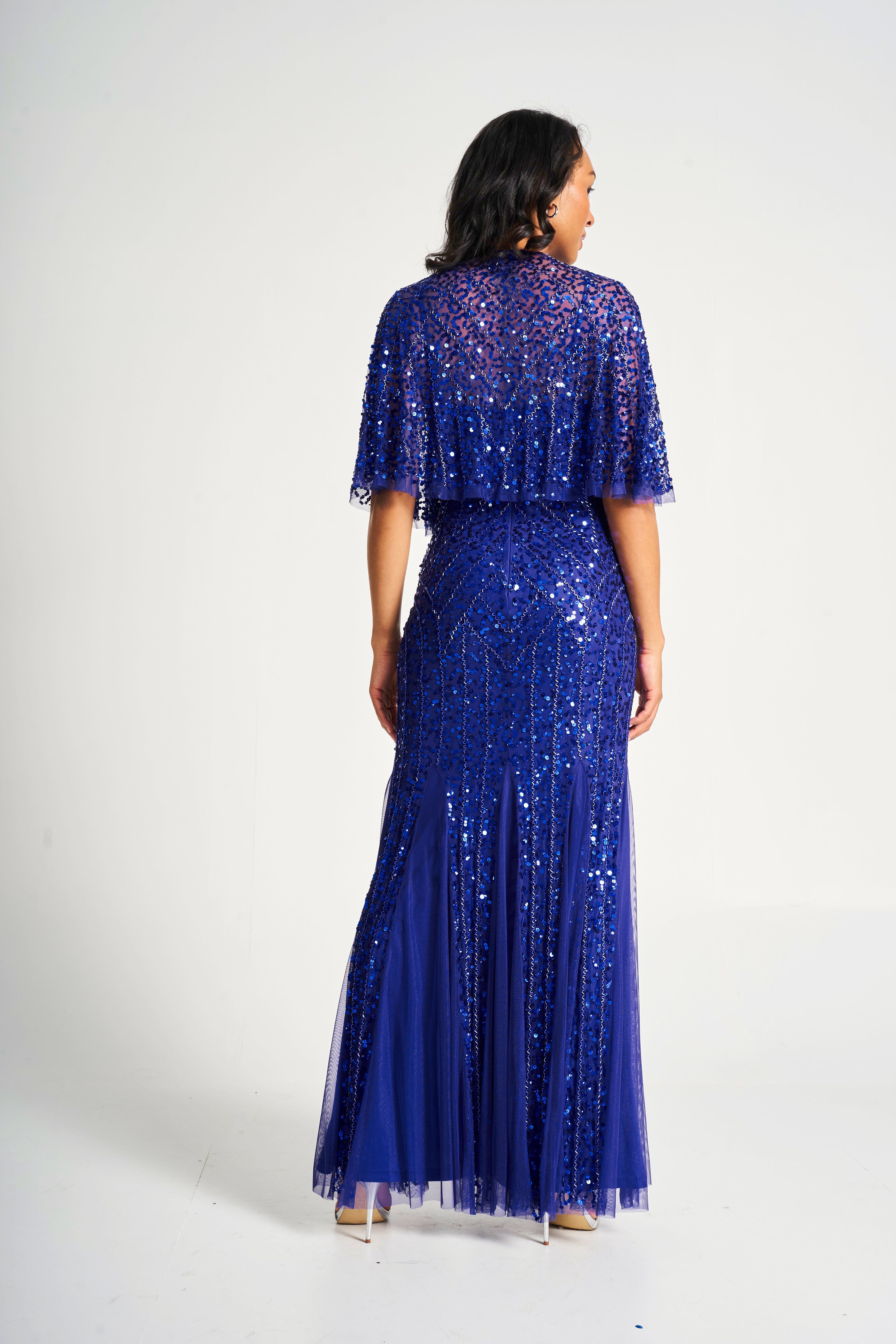 Petra Electric Blue Sequin Maxi Dress with Detachable Cape