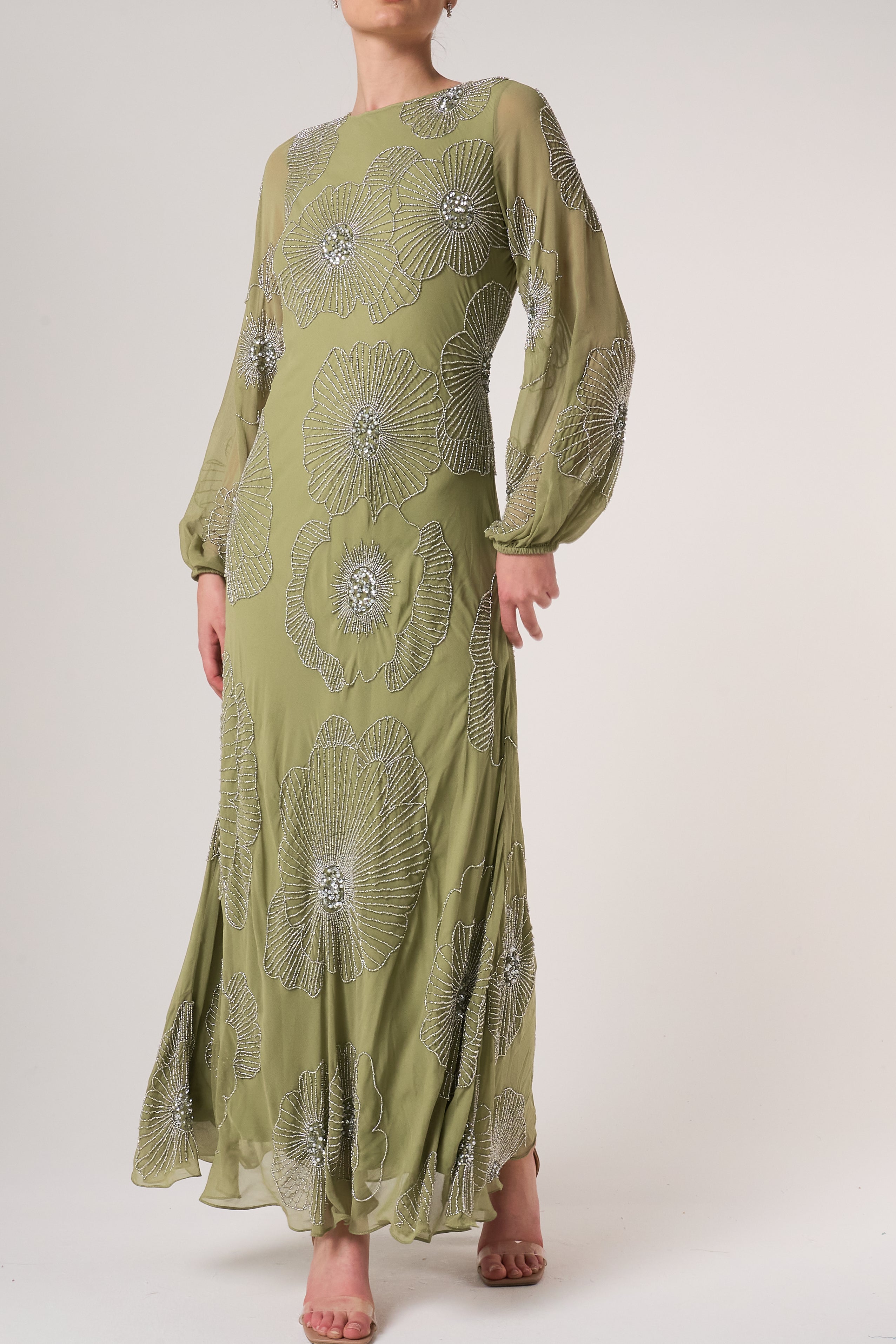 Phoebe Sage Green Floral Embellished Maxi Dress