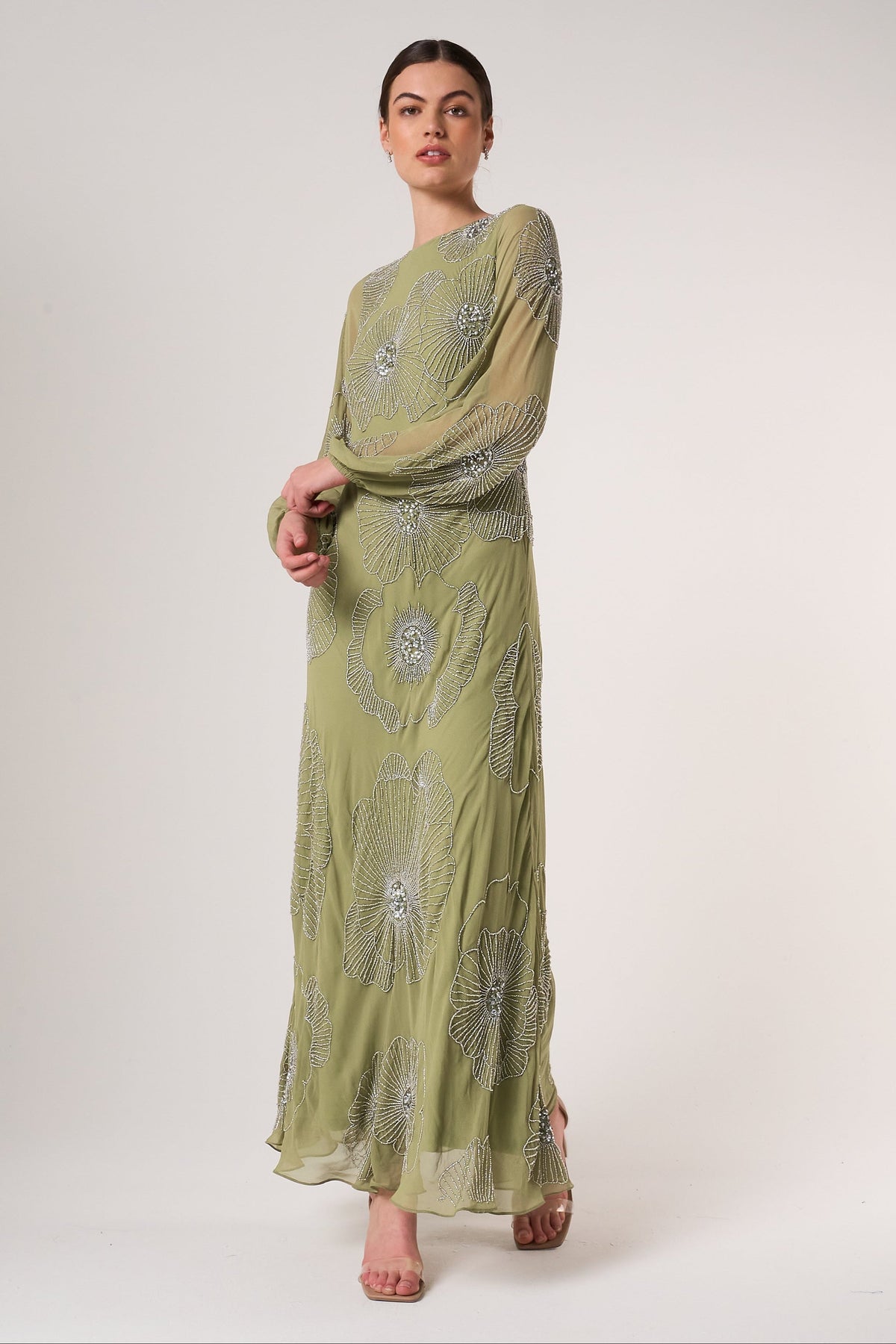Phoebe Sage Green Floral Embellished Maxi Dress