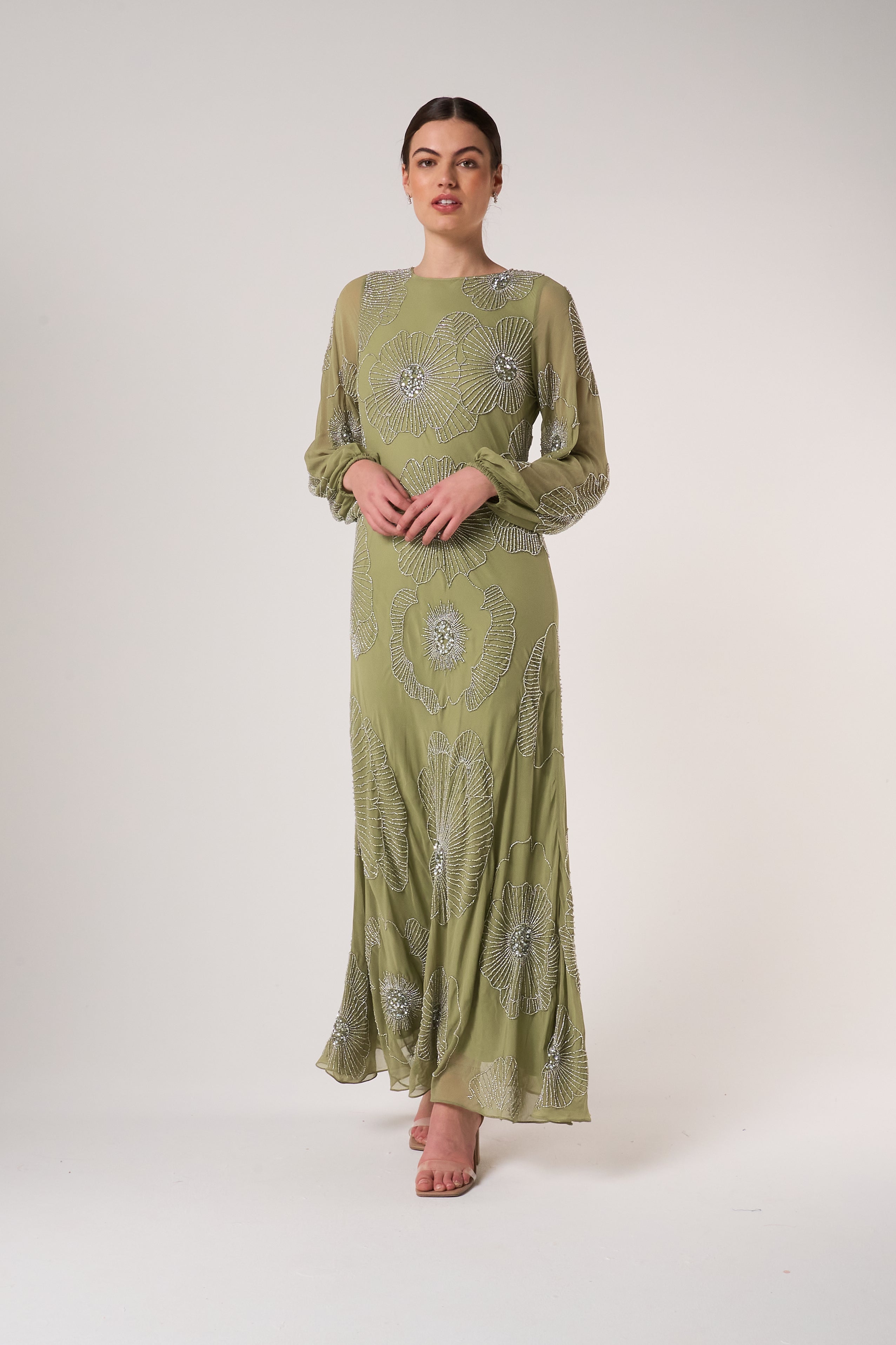 Phoebe Sage Green Floral Embellished Maxi Dress