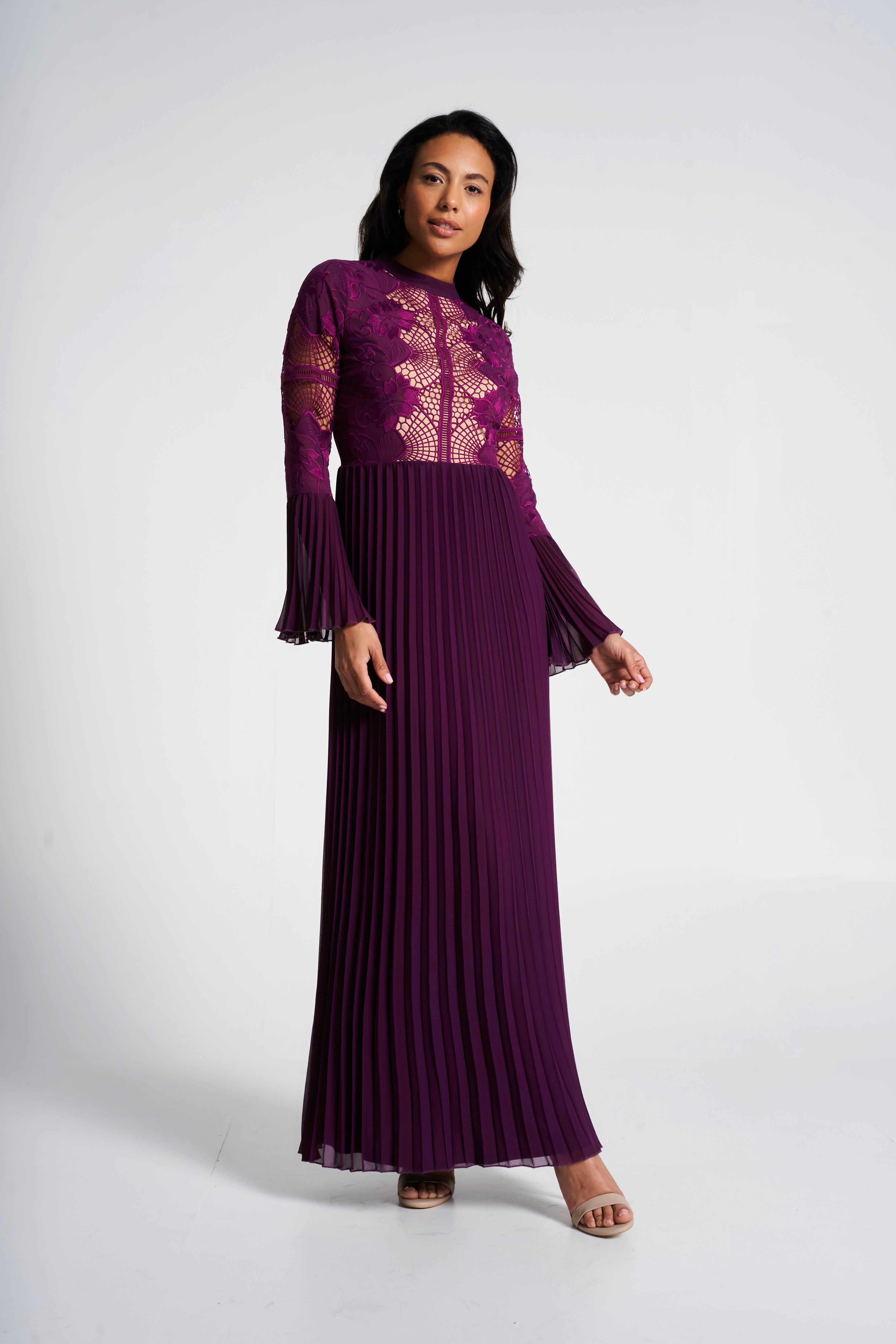 Prunella Purple Lace Detail Maxi Dress with Pleated Skirt