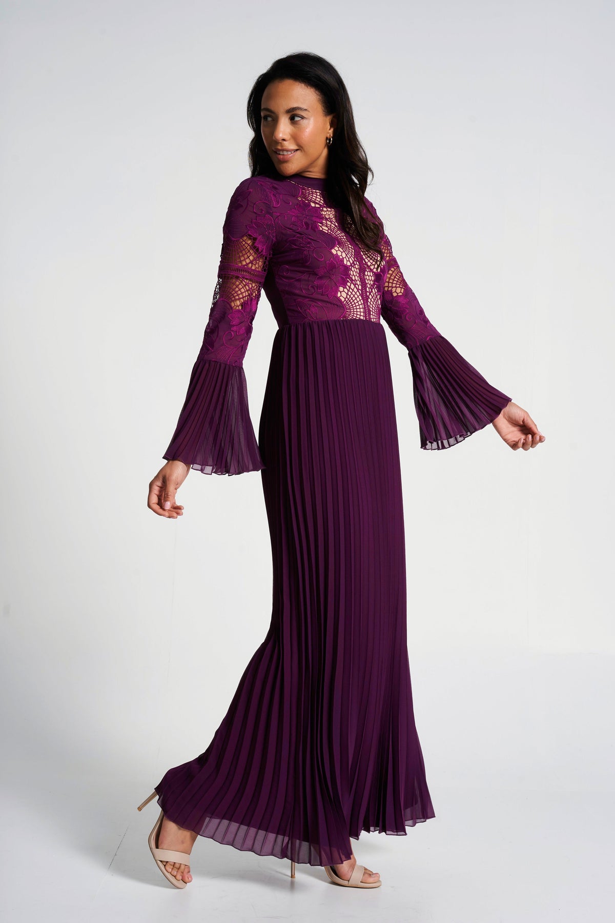 Prunella Purple Lace Detail Maxi Dress with Pleated Skirt