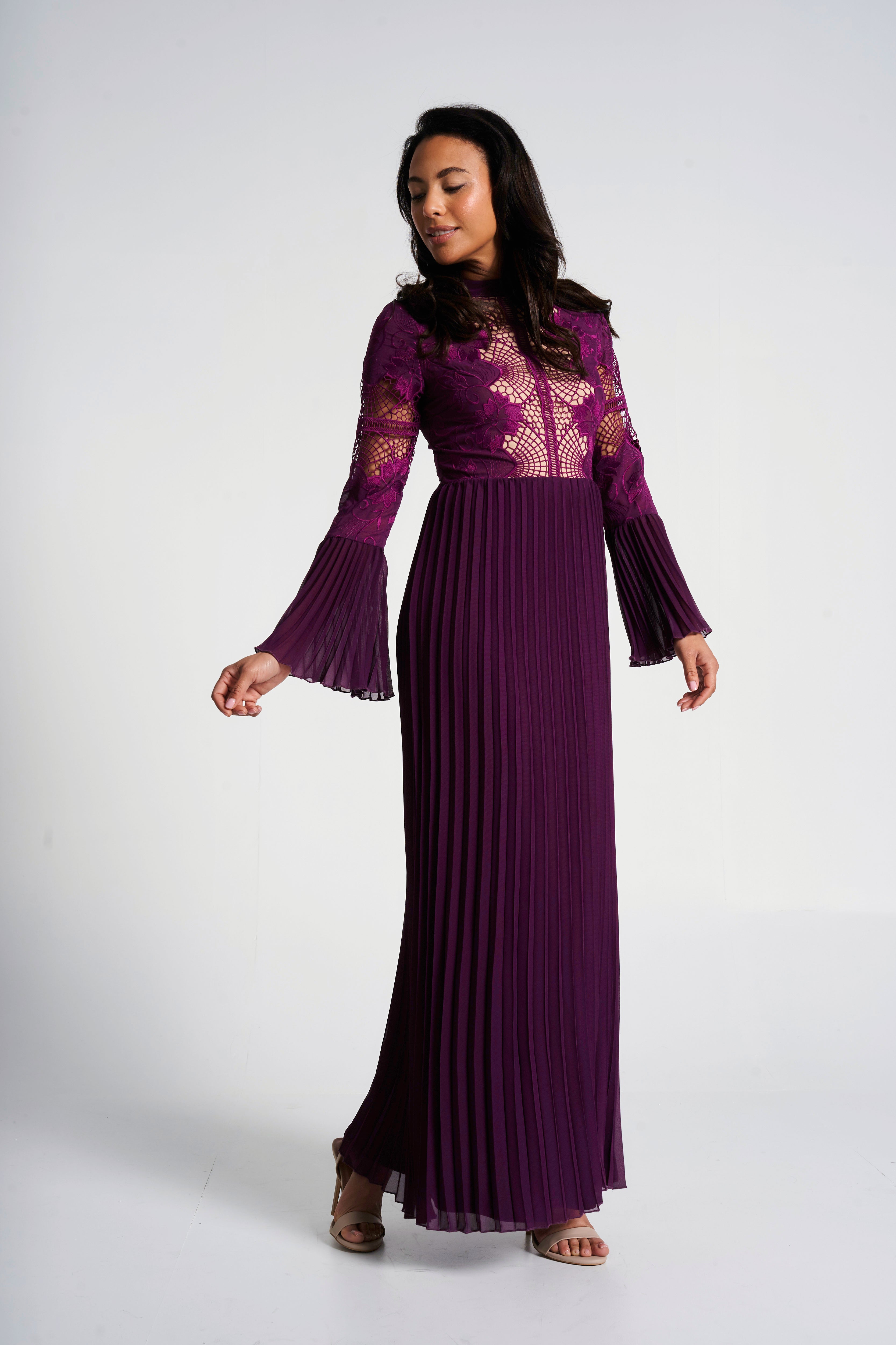 Prunella Purple Lace Detail Maxi Dress with Pleated Skirt