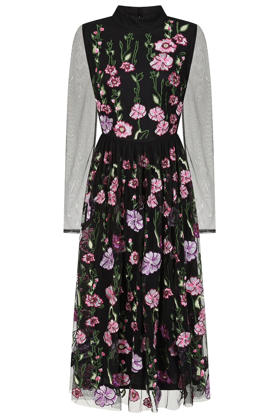 Raena Black Floral Embroidered Midi Dress 