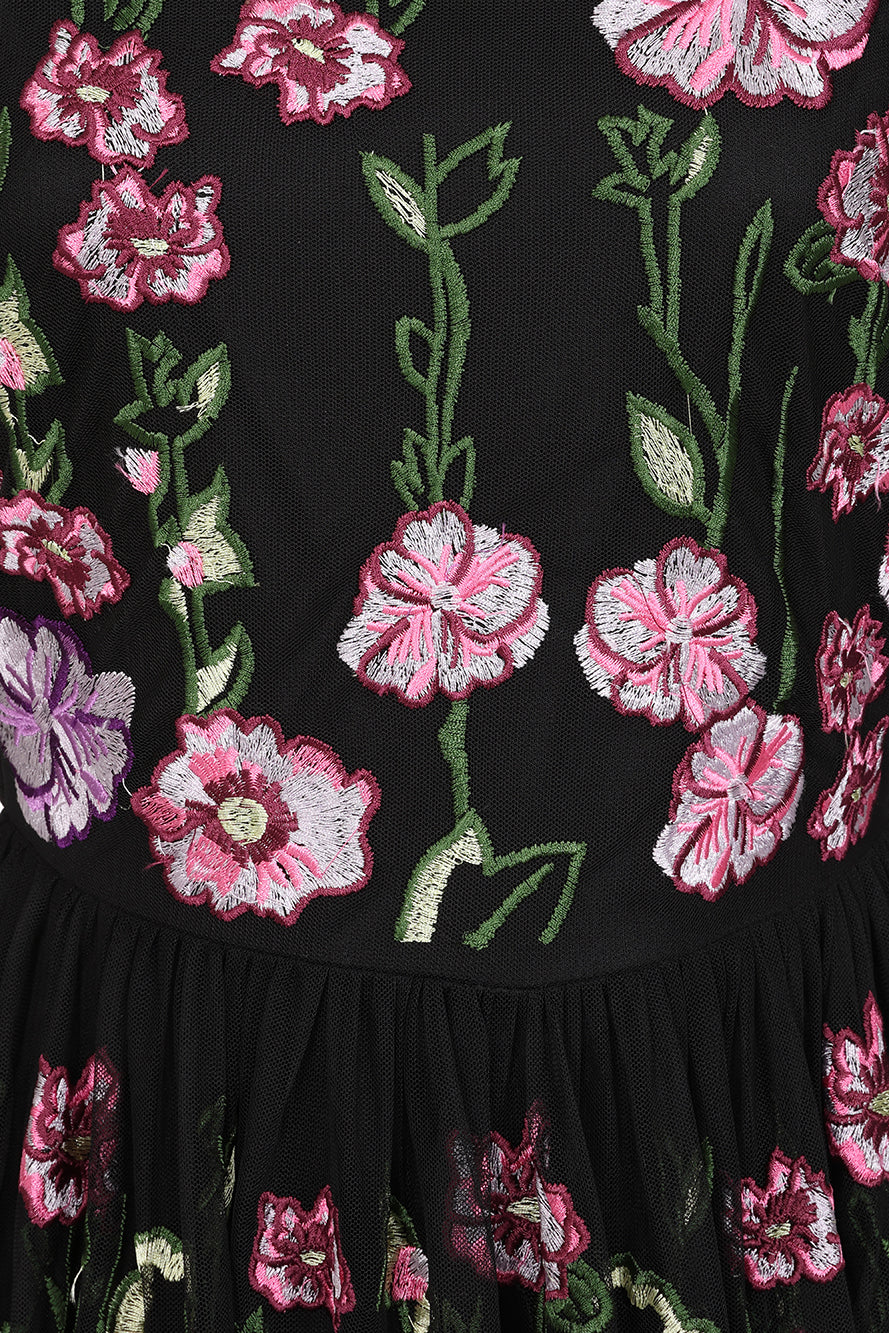 Raena Black Floral Embroidered Midi Dress 