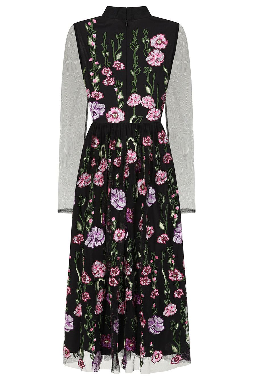 Raena Black Floral Embroidered Midi Dress 