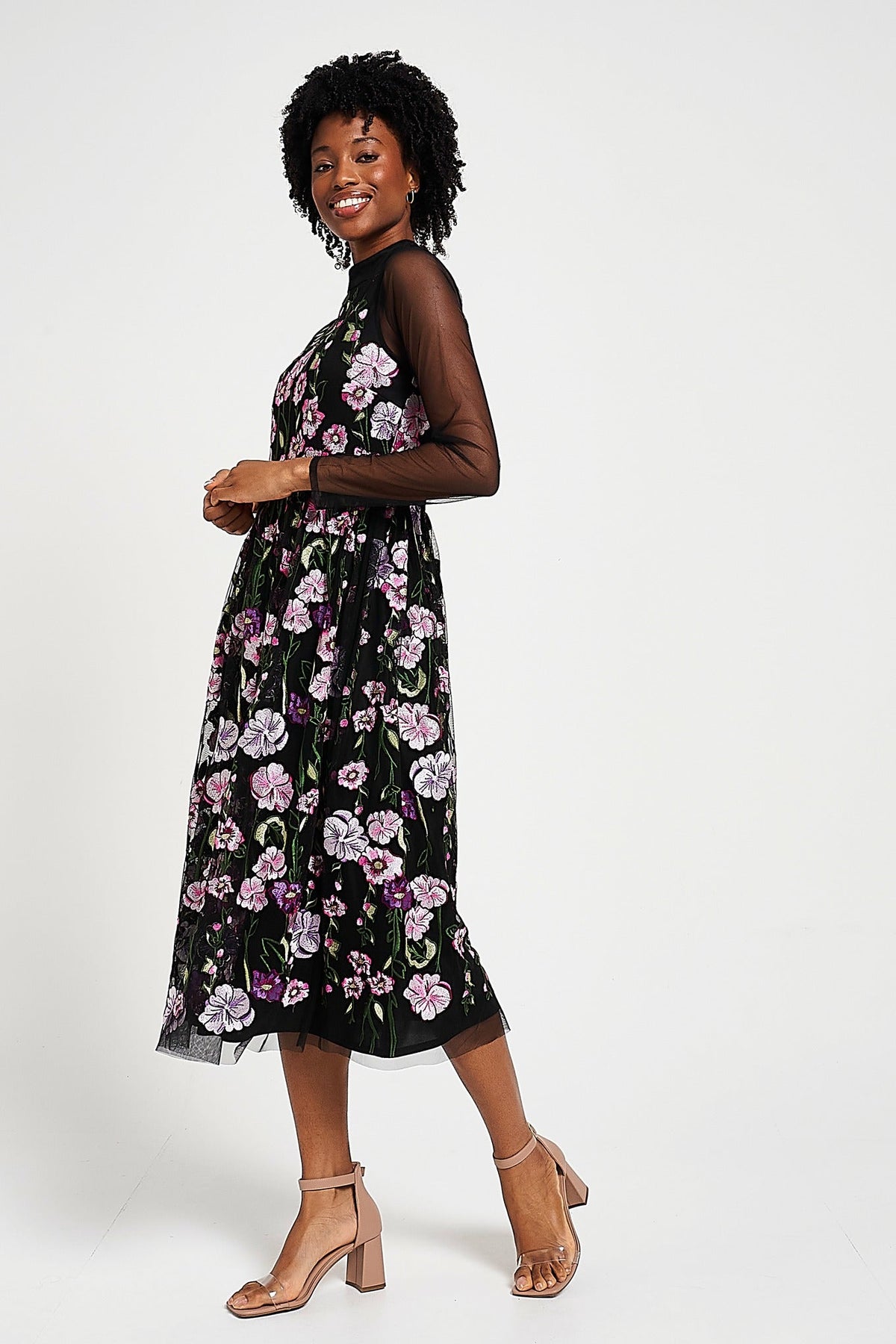 Raena Black Floral Embroidered Midi Dress 