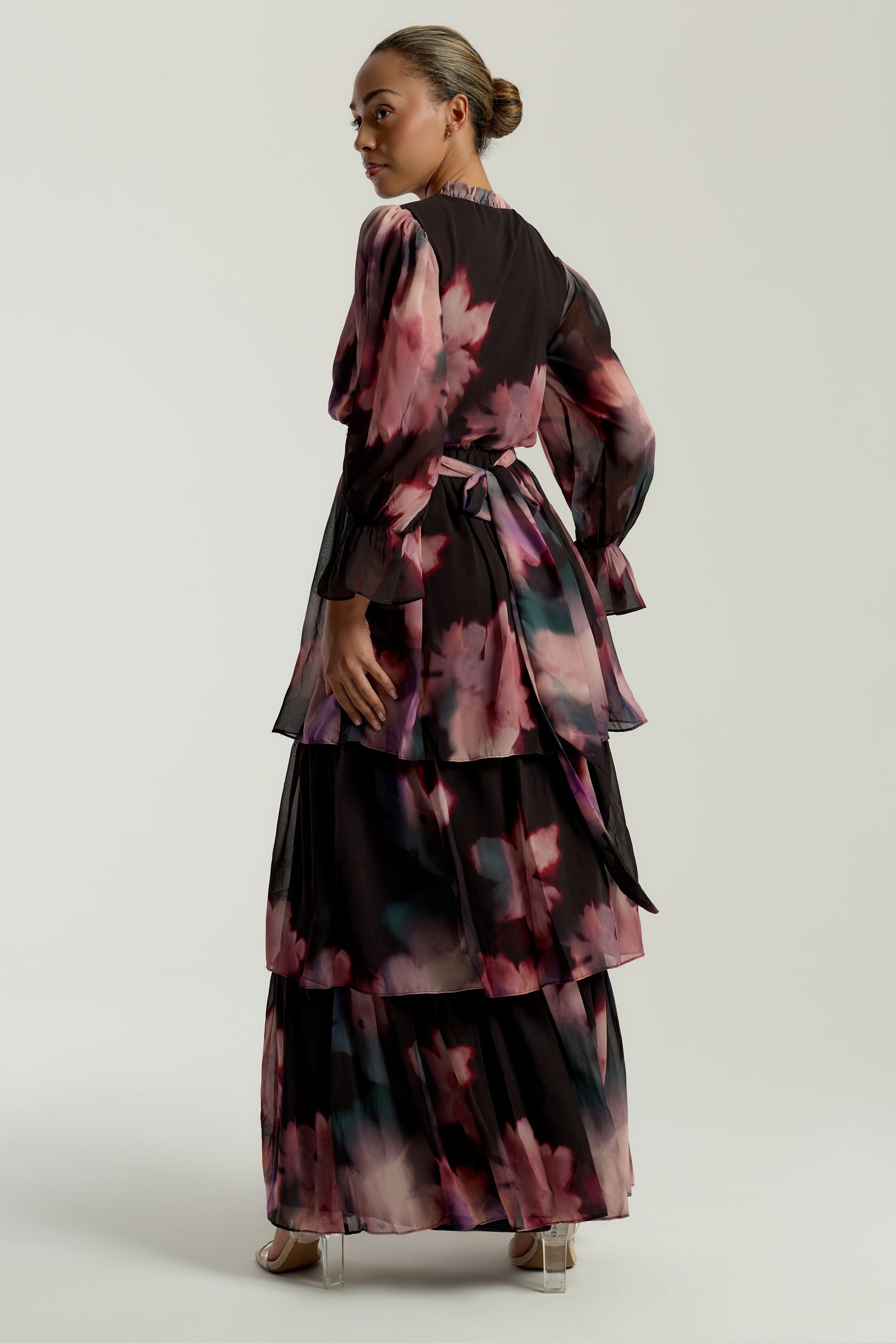 Reya Black Floral Print Tiered Maxi Dress