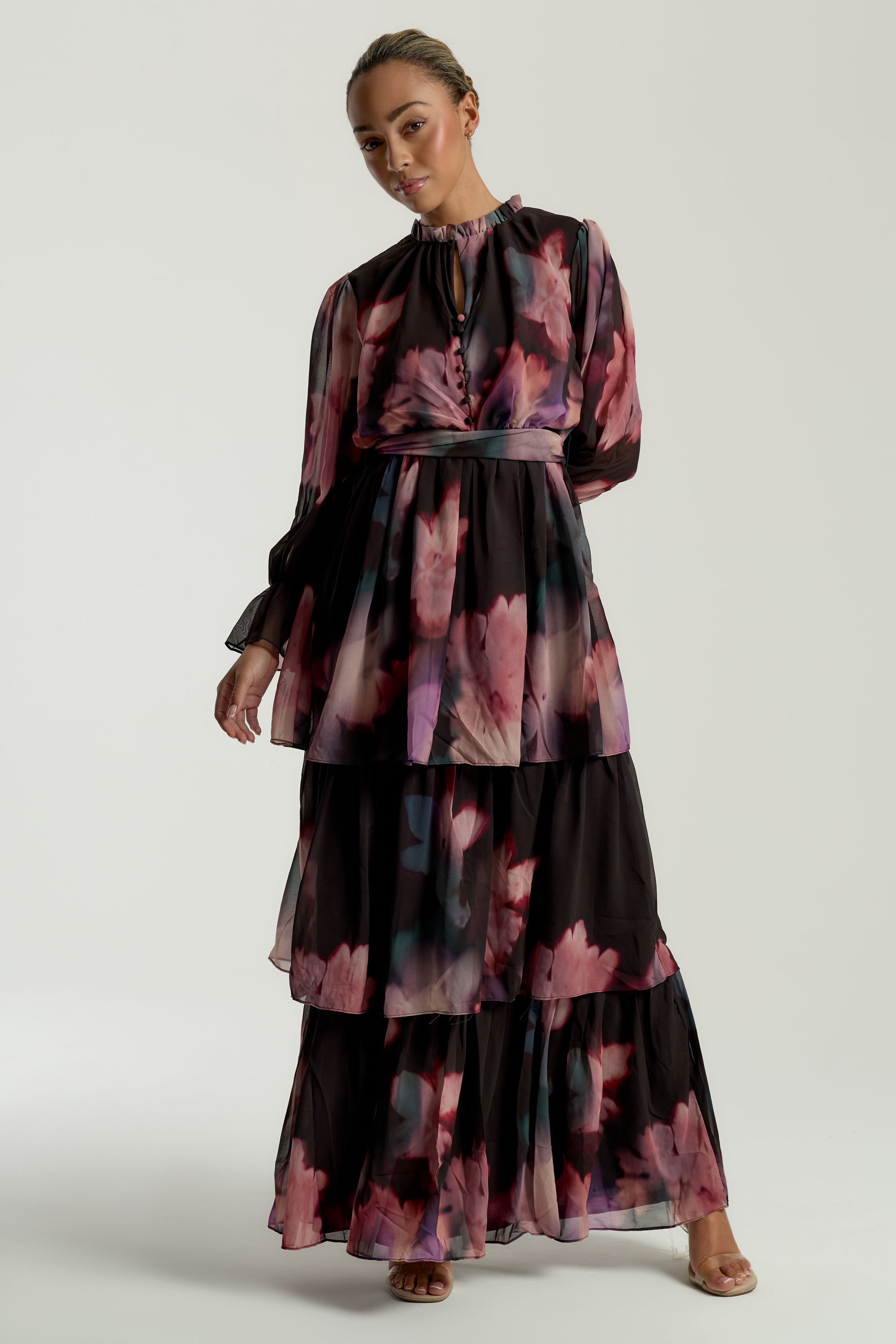 Reya Black Floral Print Tiered Maxi Dress