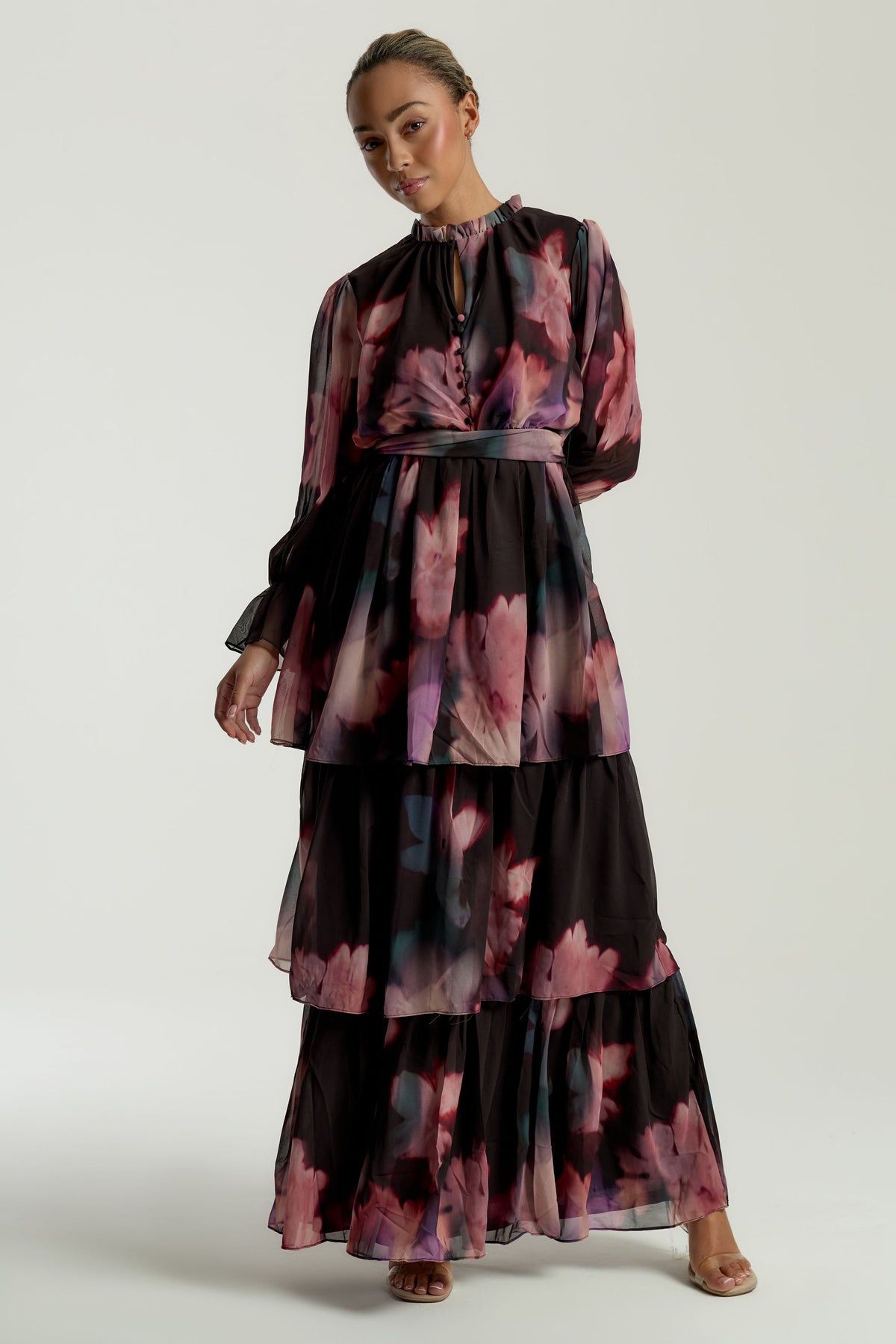 Reya Black Floral Print Tiered Maxi Dress