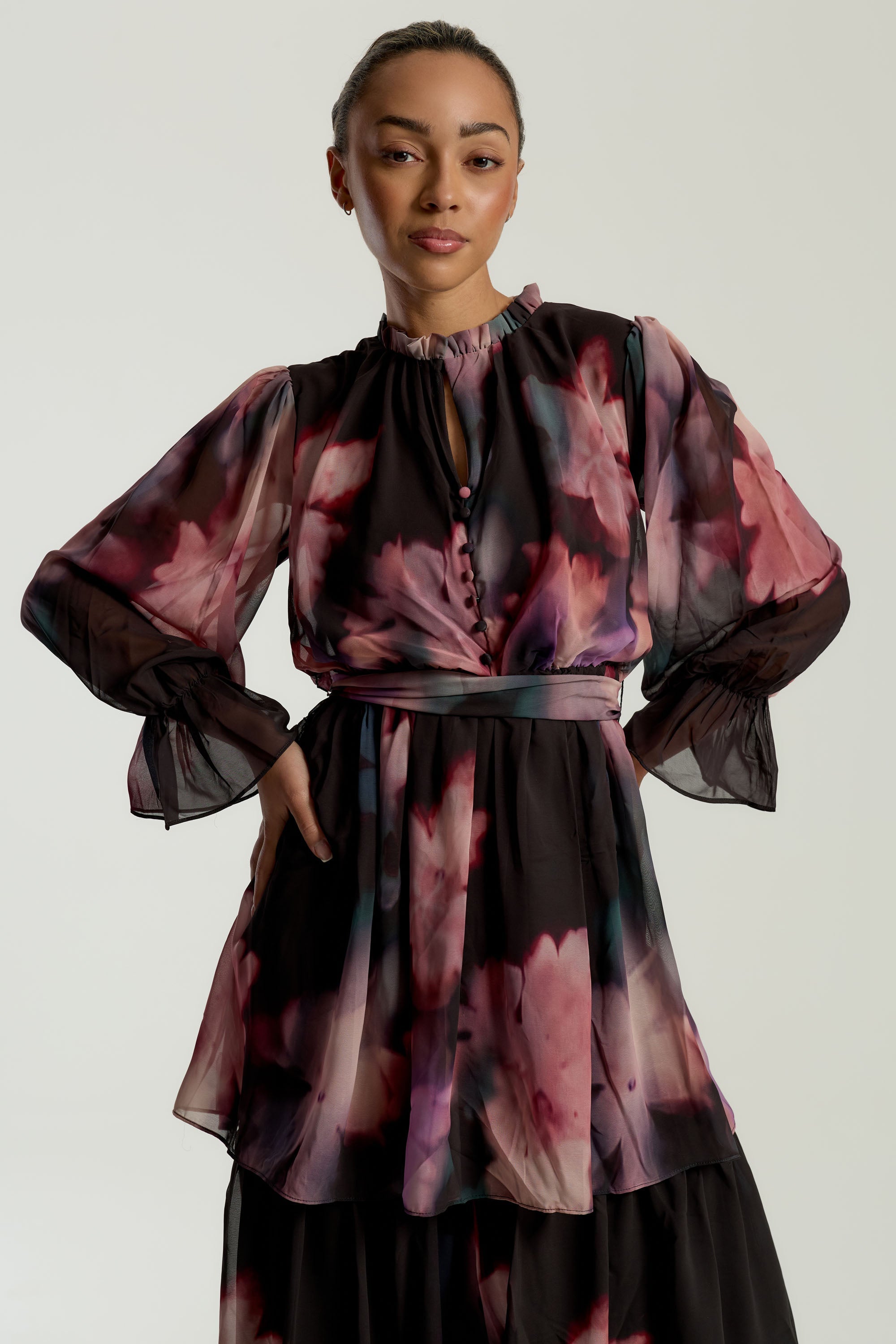 Reya Black Floral Print Tiered Maxi Dress