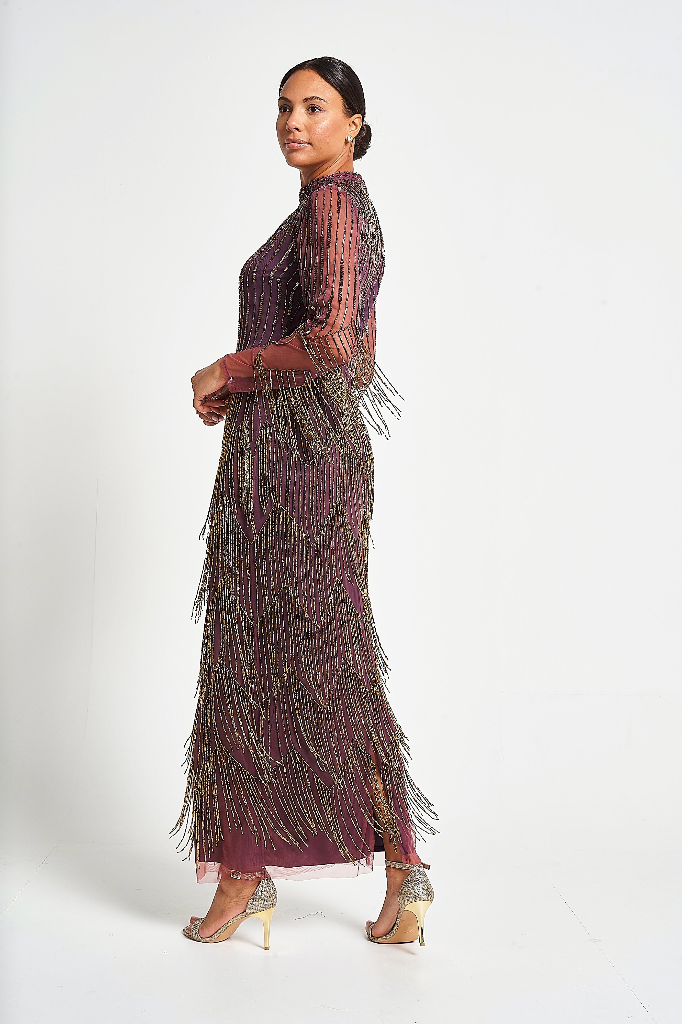 Rhoda Purple Maxi Dress With Beaded Fringing