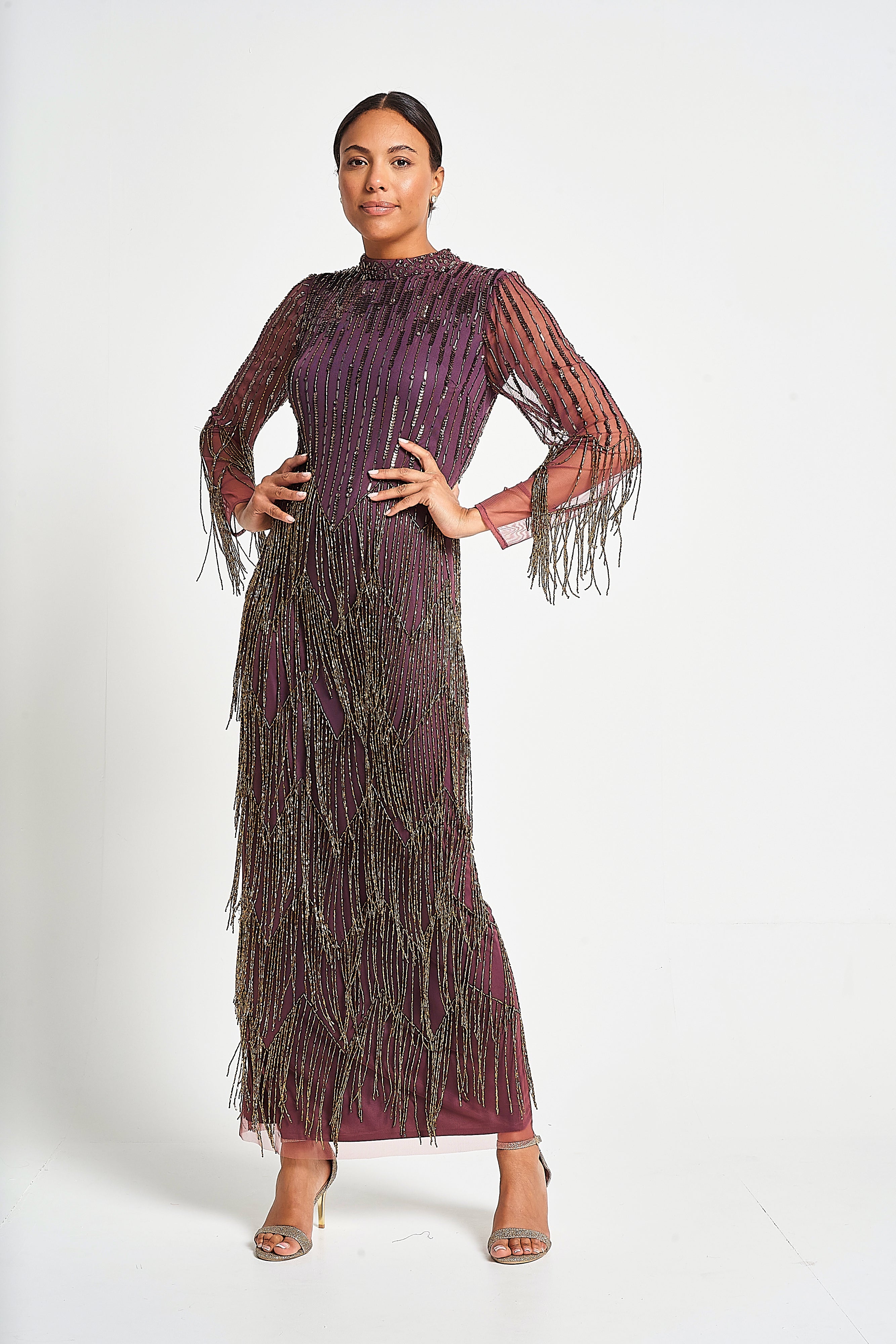 Rhoda Purple Maxi Dress With Beaded Fringing