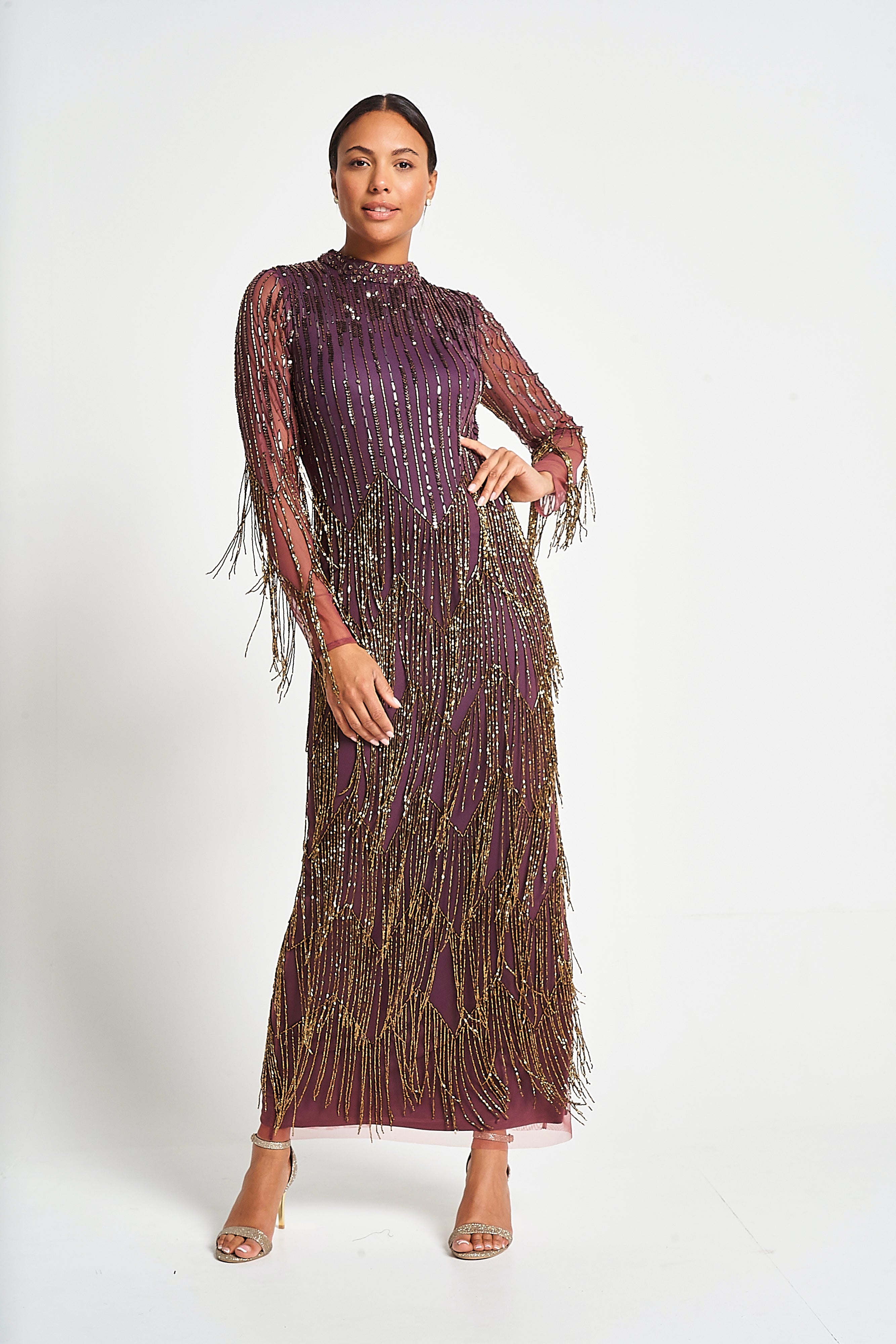 Rhoda Purple Maxi Dress With Beaded Fringing