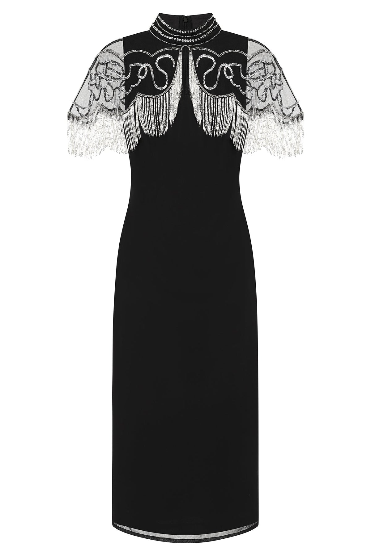 Ridley Black Beaded Fringe Cape Sleeve Midi Dress