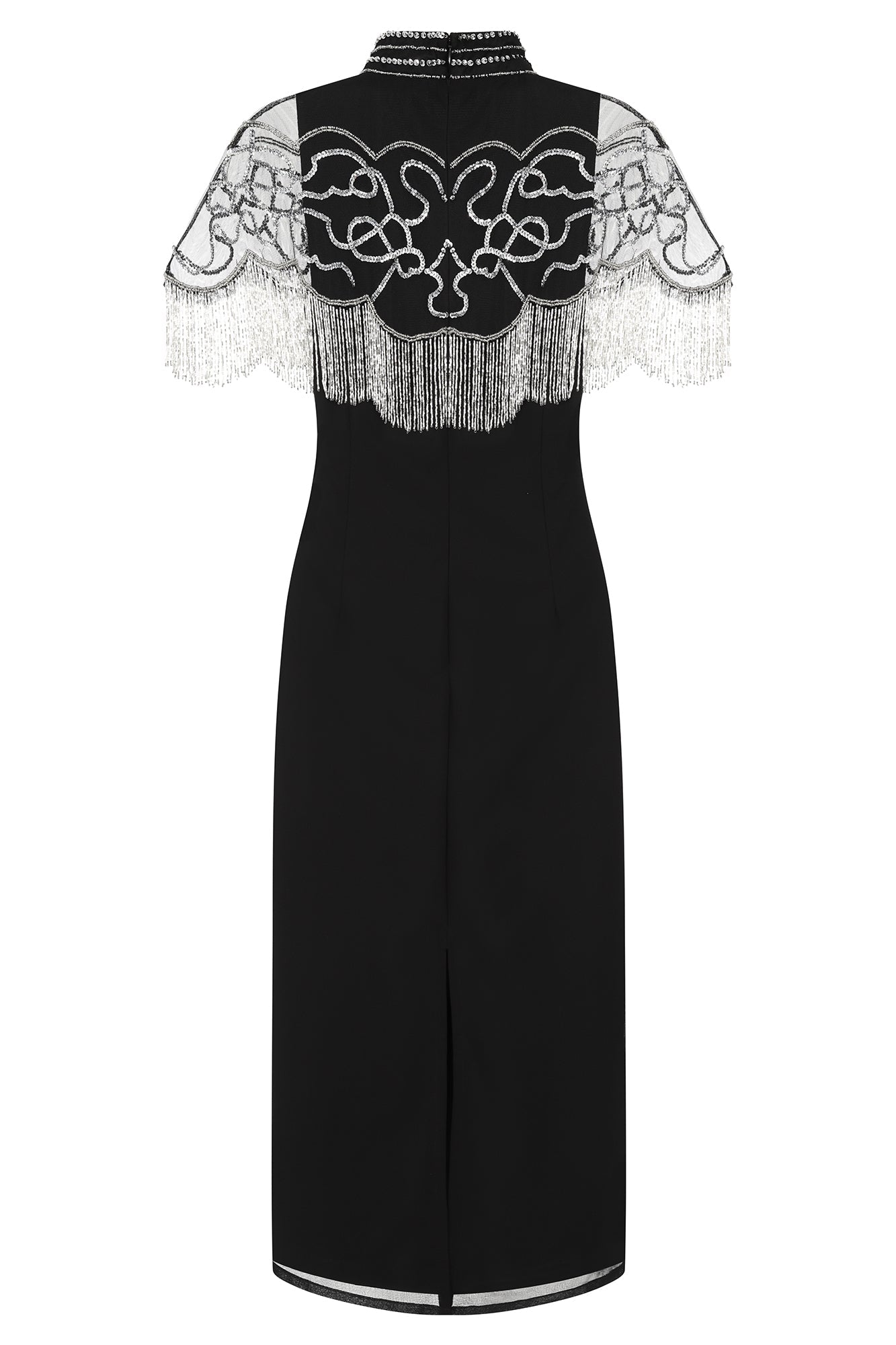 Ridley Black Beaded Fringe Cape Sleeve Midi Dress