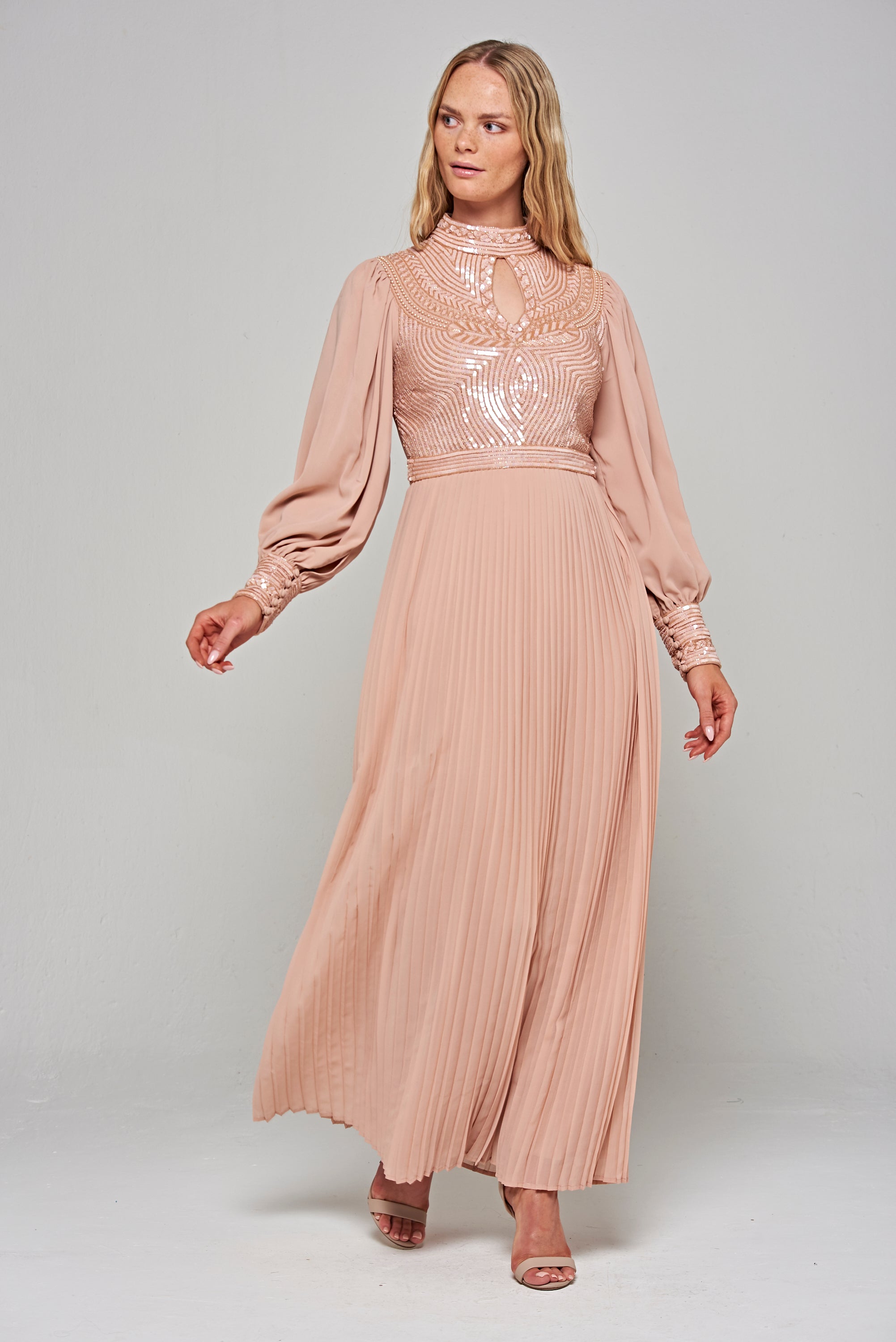 Rosa Sequin Maxi Dress with Pleated Skirt - Blush 