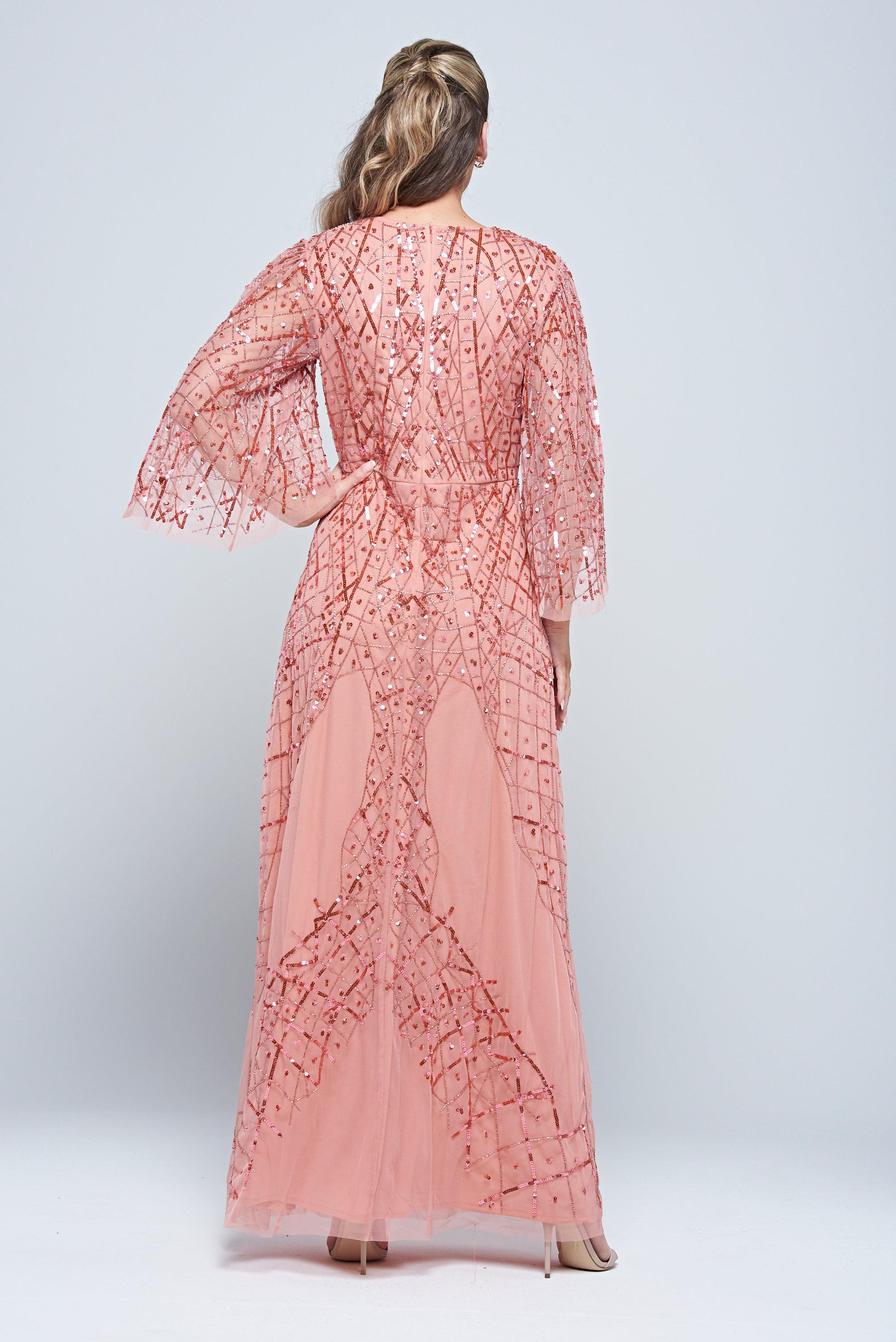 Rosalina pink embellished maxi dress with flowing silhouette and shimmering sequin detail, perfect for weddings, parties and special occasions.