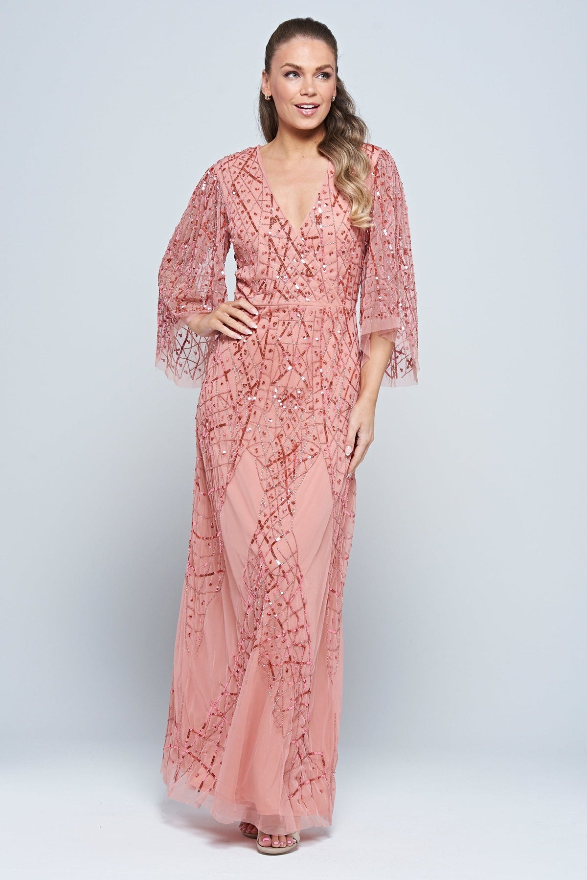 Rosalina pink embellished maxi dress with flowing silhouette and shimmering sequin detail, perfect for weddings, parties and special occasions.