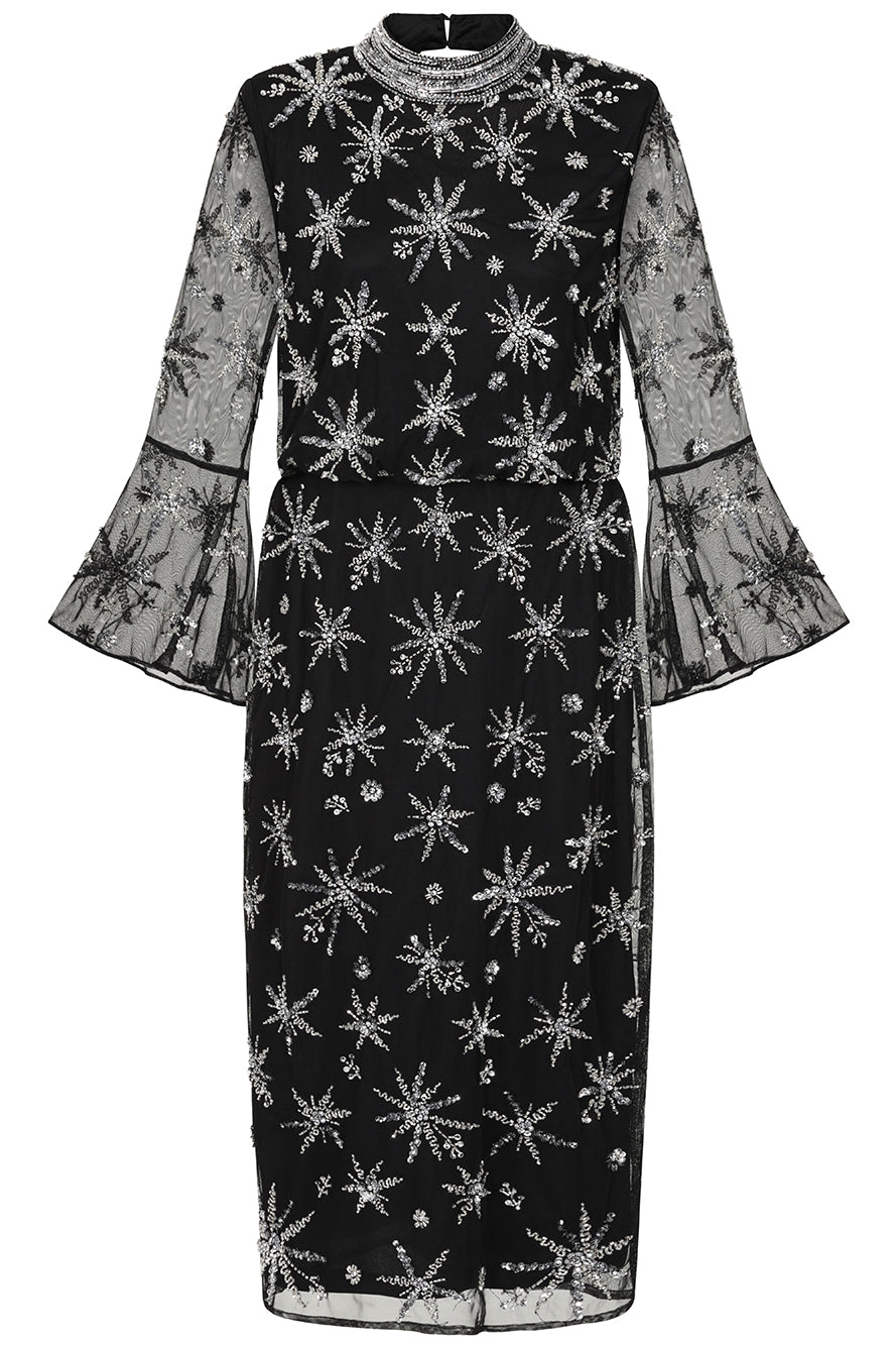 Roxanna black embellished midi dress by Frock and Frill with star bead detailing and sheer long sleeves