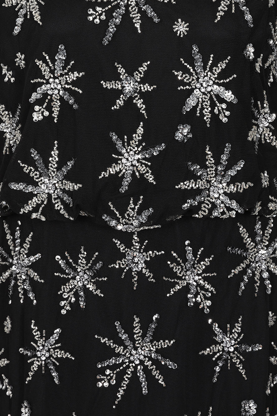 Roxanna black embellished midi dress by Frock and Frill with star bead detailing and sheer long sleeves