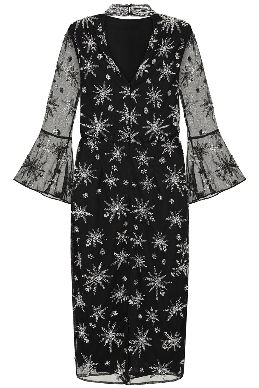 Roxanna black embellished midi dress by Frock and Frill with star bead detailing and sheer long sleeves
