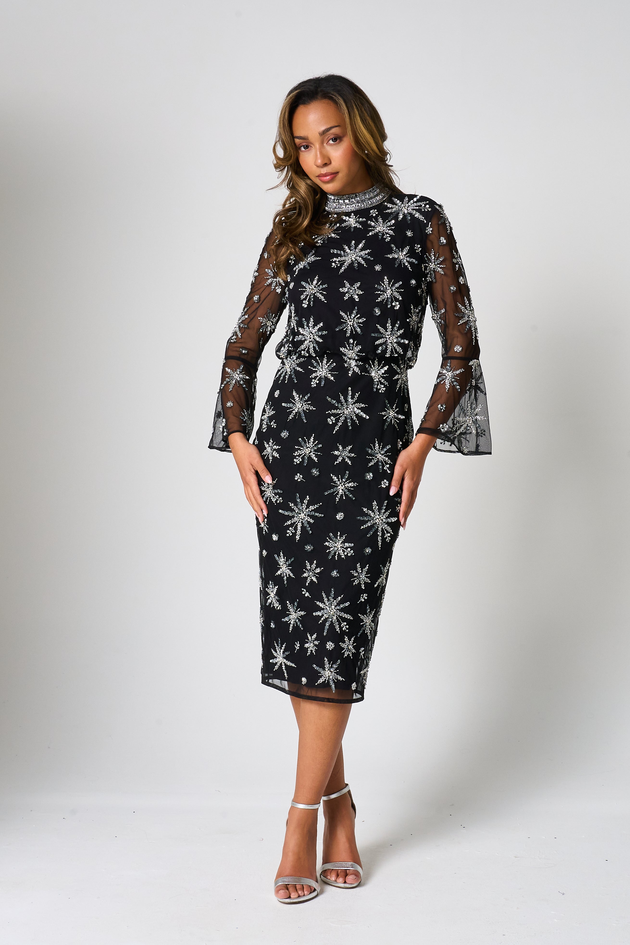 Roxanna Black Embellished Midi Dress