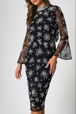 Roxanna black embellished midi dress by Frock and Frill with star bead detailing and sheer long sleeves