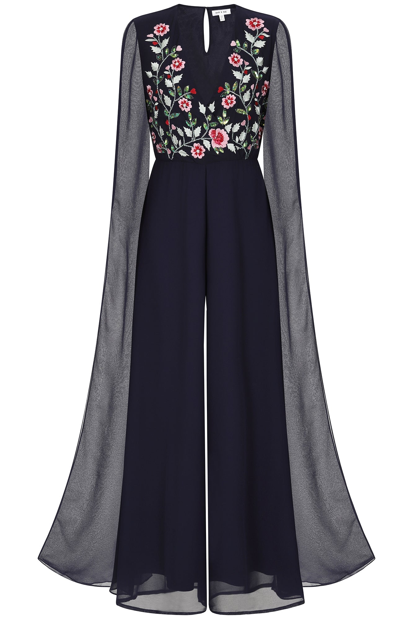 Rue Navy Floral Embroidered Cape Sleeve Jumpsuit 