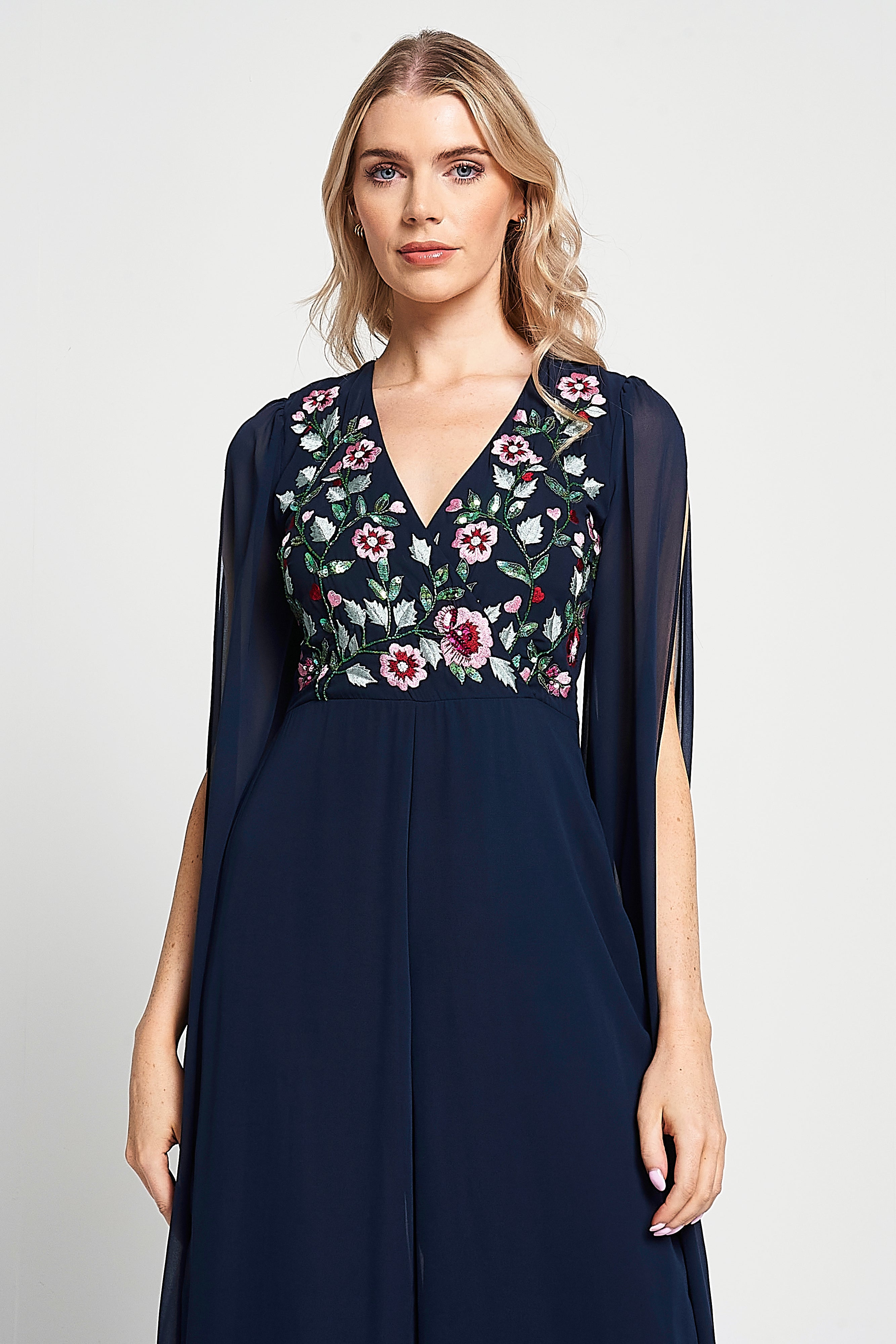 Rue Navy Floral Embroidered Cape Sleeve Jumpsuit 