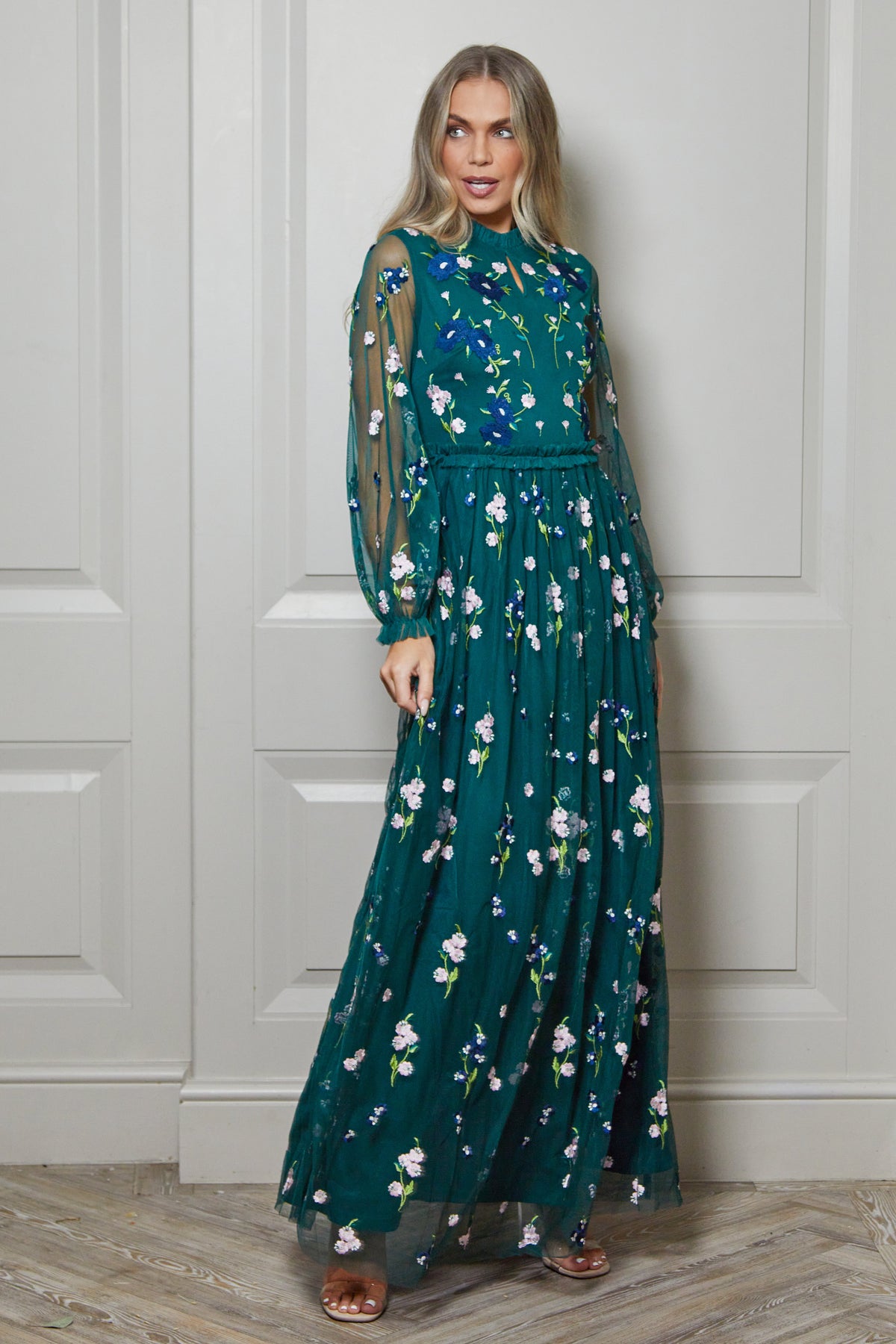 Rydia Floral Embroidered Maxi Dress - Alpine Green