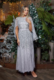 Adeline Grey Cape Sleeve Sequin Maxi Dress