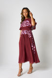 Scarlett Burgundy Embroidered Midi Dress with Cape Detail