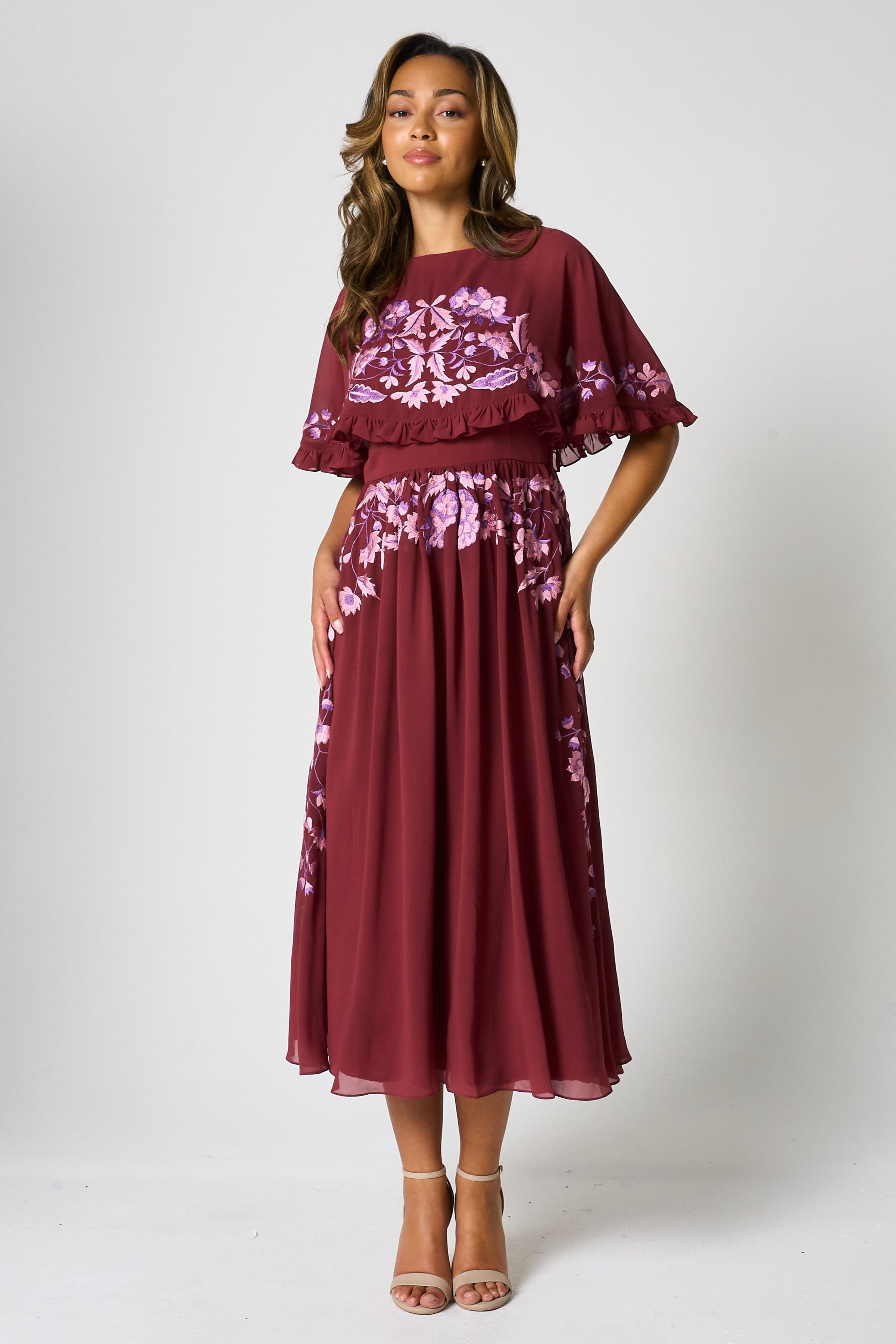 Scarlett Burgundy Embroidered Midi Dress with Cape Detail