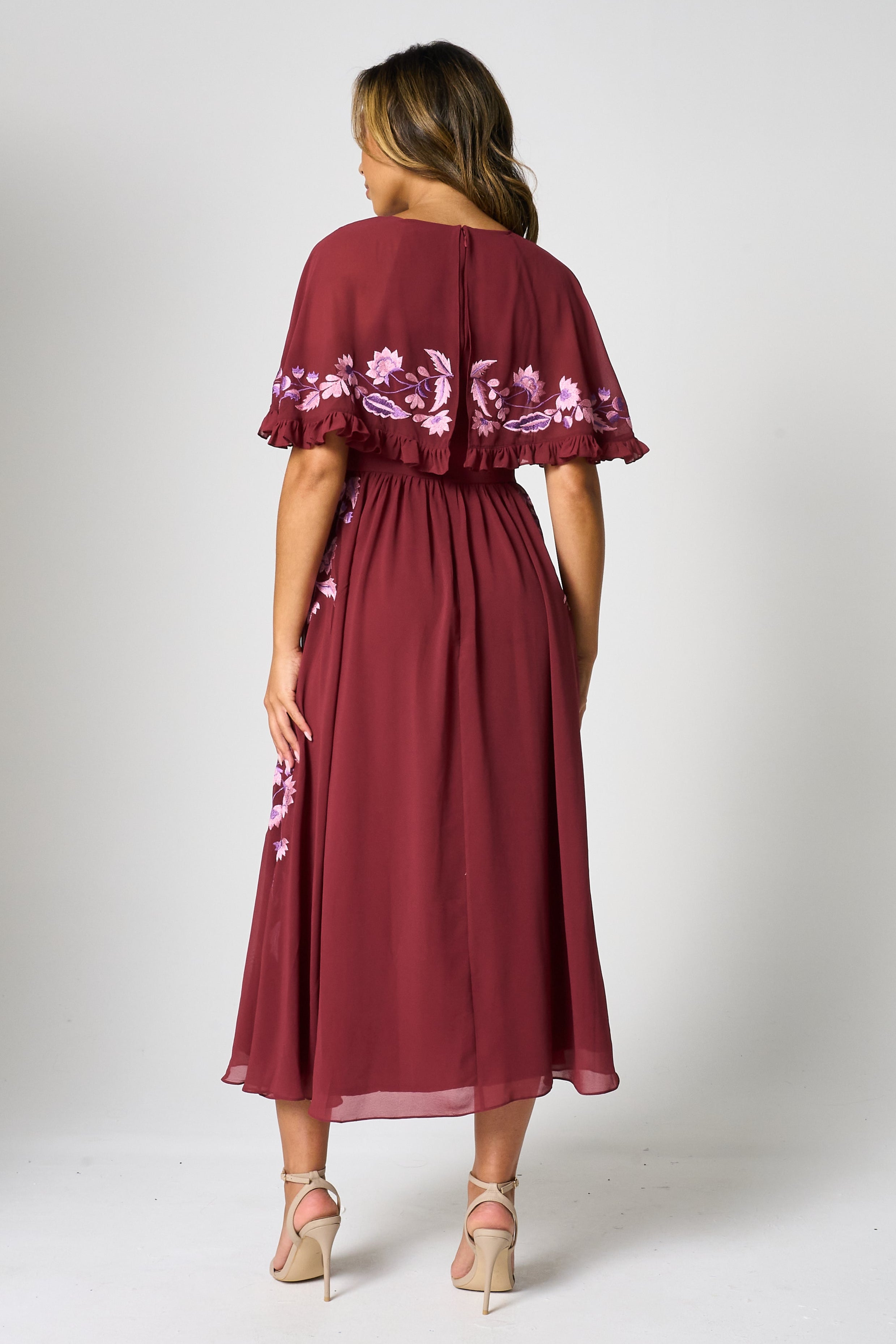 Scarlett Burgundy Embroidered Midi Dress with Cape Detail