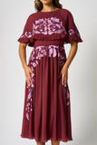 Scarlett Burgundy Embroidered Midi Dress with Cape Detail