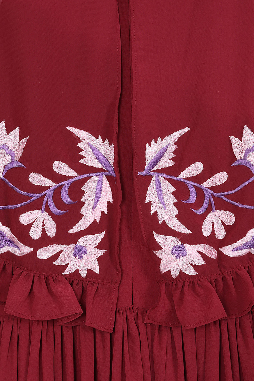 Scarlett Burgundy Embroidered Midi Dress with Cape Detail