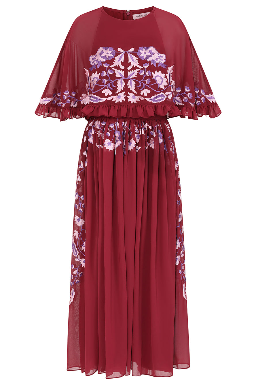 Scarlett Burgundy Embroidered Midi Dress with Cape Detail
