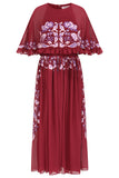 Scarlett Burgundy Embroidered Midi Dress with Cape Detail