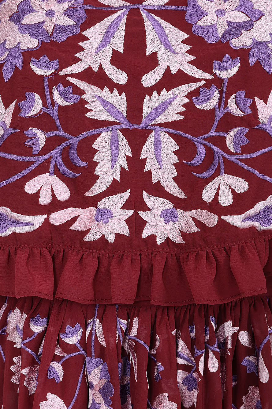 Scarlett Burgundy Embroidered Midi Dress with Cape Detail