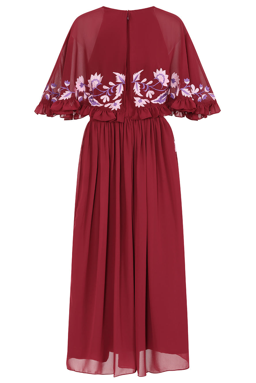 Scarlett Burgundy Embroidered Midi Dress with Cape Detail
